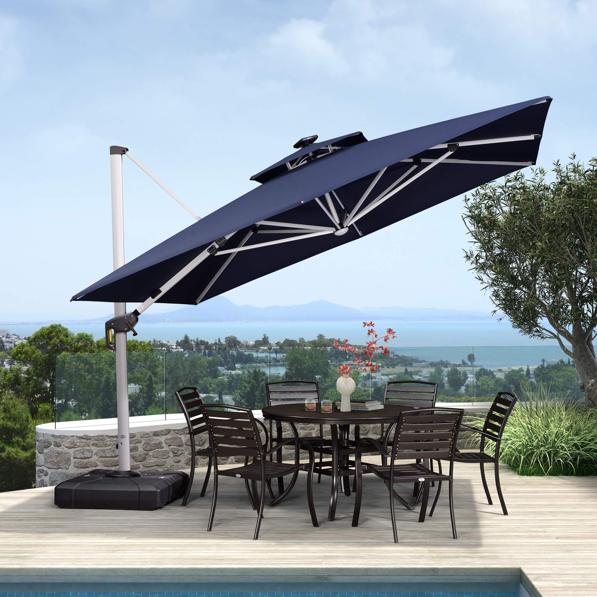 Purple Leaf 10 Feet Double Top Deluxe Solar Powered Led Square Patio Umbrella Offset Hanging Umbrella Outdoor Market Umbrella Garden Umbrella, Navy Blue
