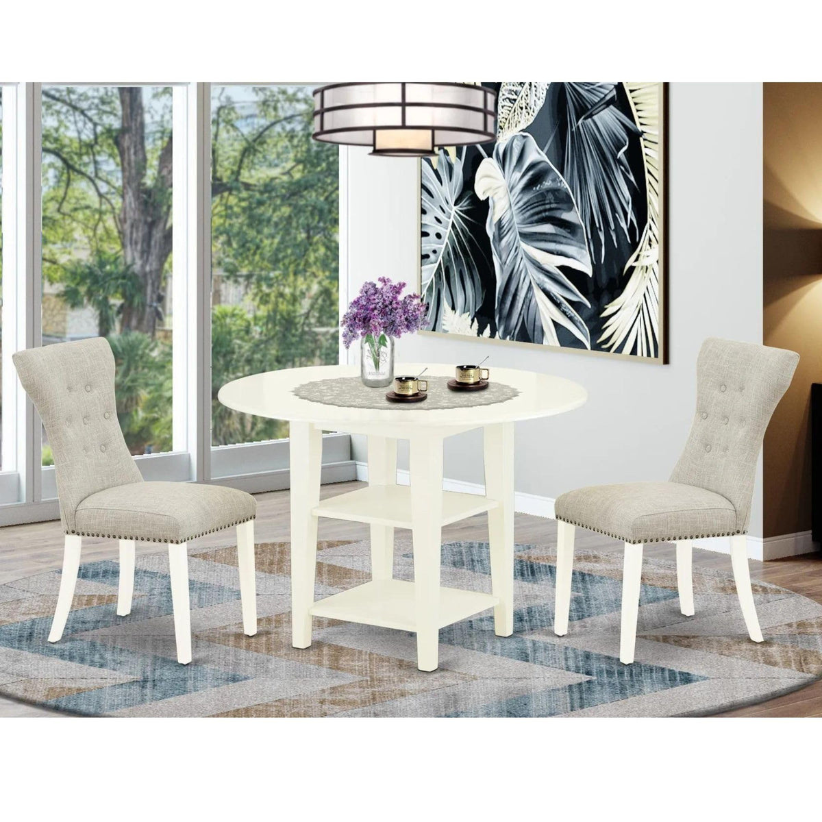East West Furniture Suga3-Lwh-35 3 Piece Kitchen Table Set For Small Spaces Contains A Round Dining Table With Dropleaf And 2 Doeskin Linen Fabric Upholstered Chairs, 42X42 Inch, Linen White
