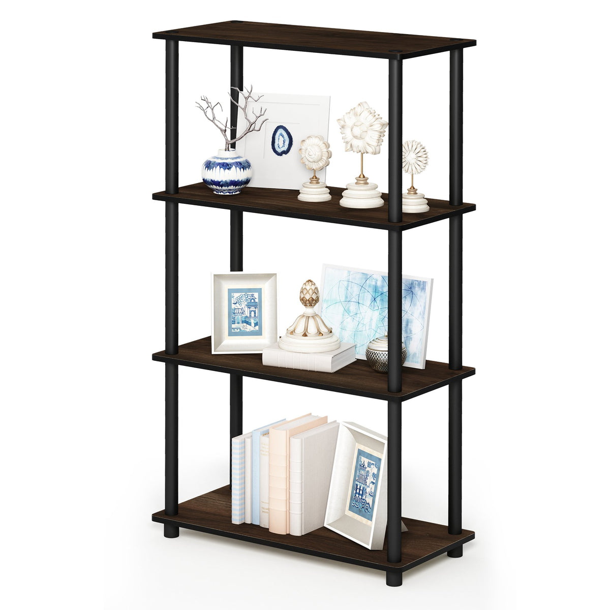 Furinno Turn-N-Tube 4-Tier Multipurpose Shelf Display Rack, Round Tubes, Columbia Walnut/Black