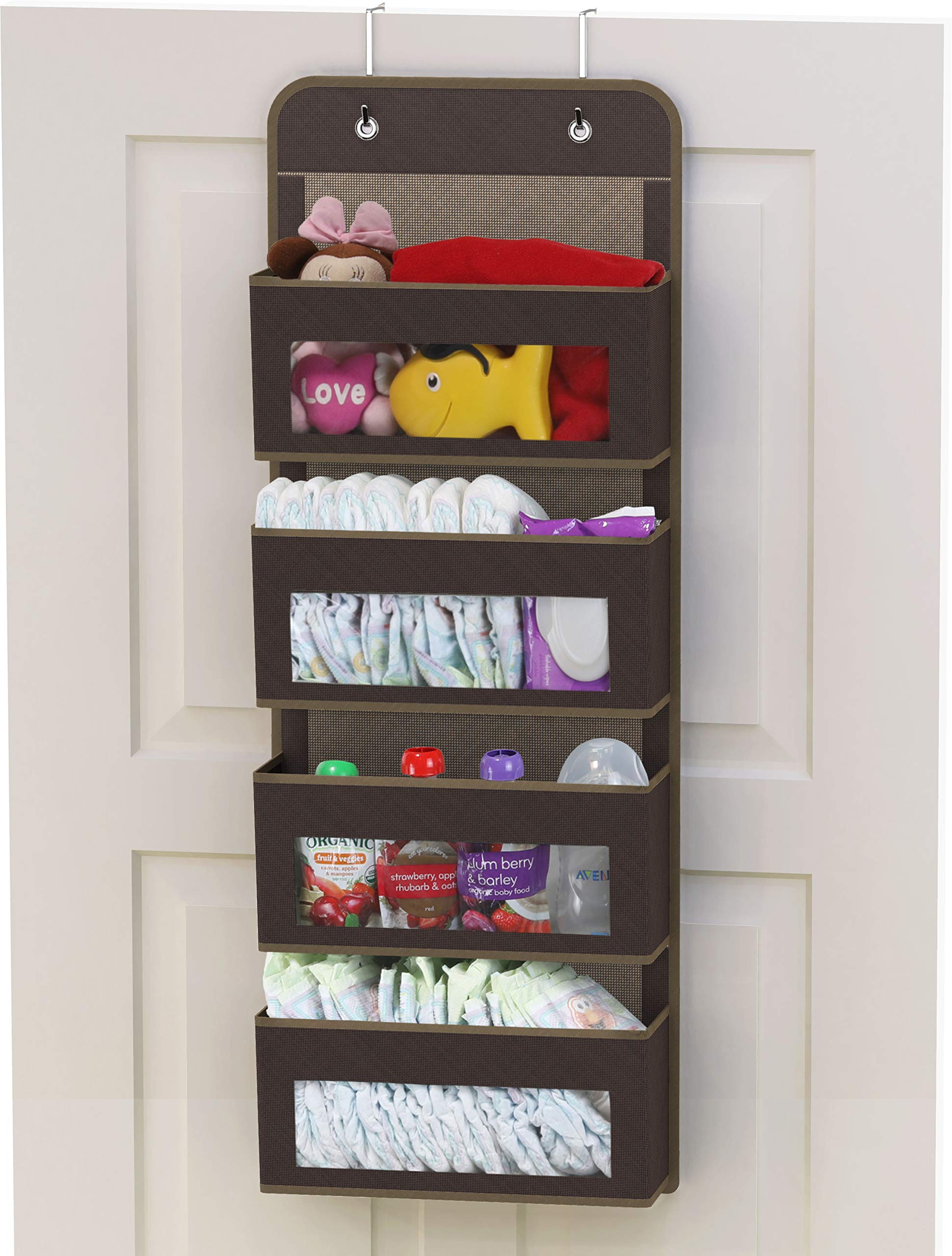 Simple Houseware Over Door/Wall Mount 4 Clear Window Pocket Organizer, Brown