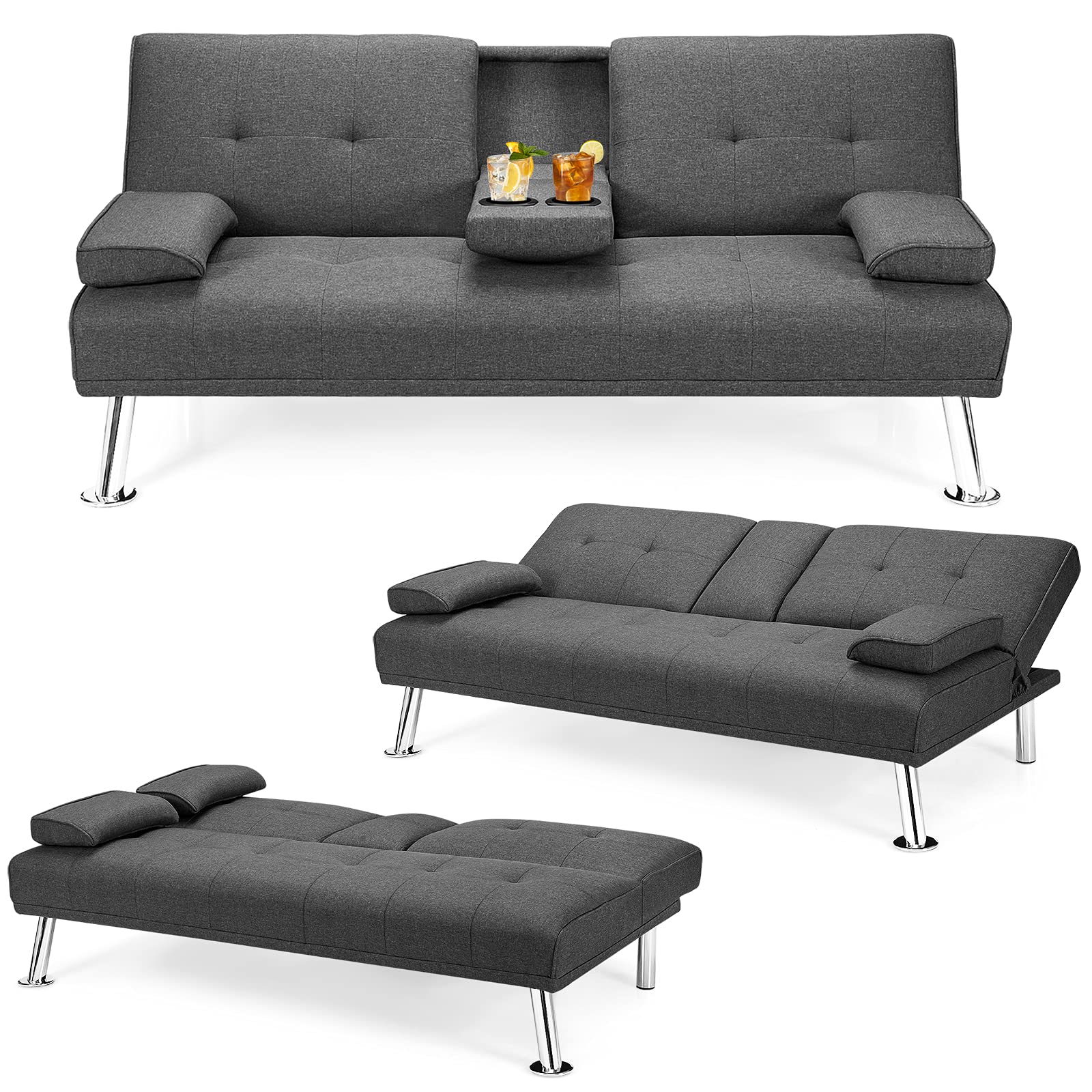 POWERSTONE Futon Sofa Bed Upholstered Modern Convertible Sofa Couch Sleeper with Removable Armrests Cup Holders Living Room Fabr