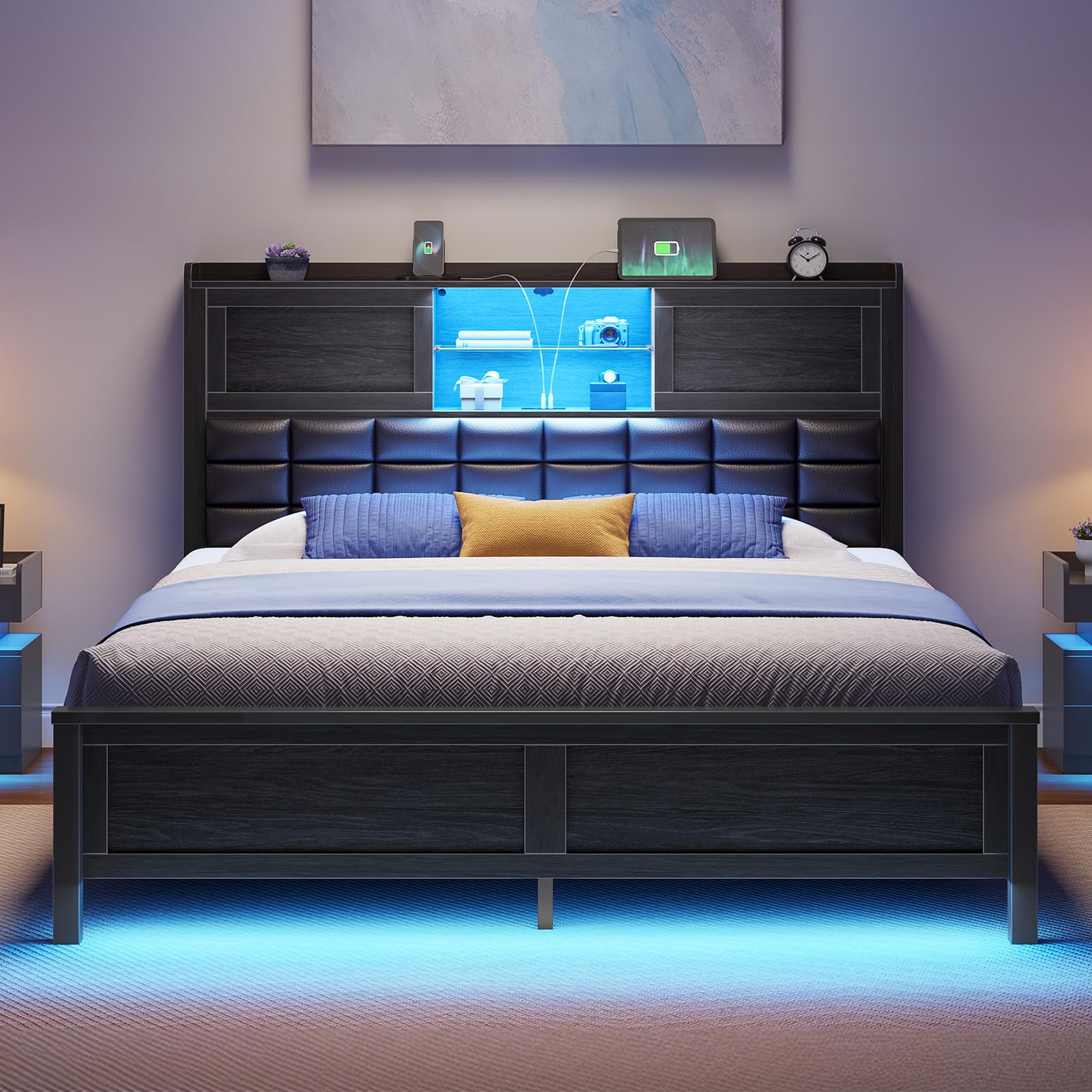 Rolanstar Bed Frame Full Size with Charging Station, Bookcase Headboard Bed with LED Light and Sliding Doors, Platform Bed with 