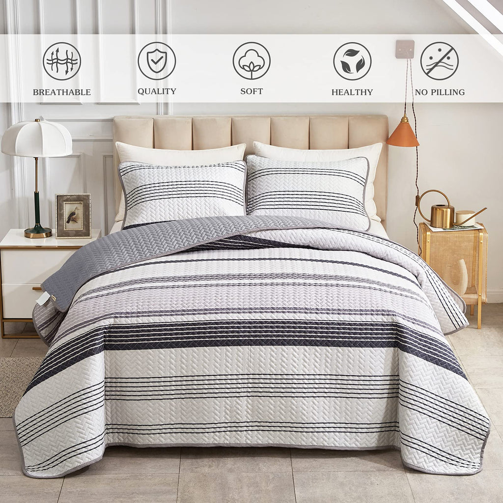 Flysheep Grey Boho Quilt Set Full Queen Size, 3 Pcs Gray Black And Navy Striped Bedspread, Soft Microfiber Modern Coverlet For A