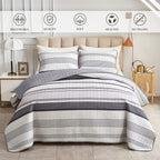 Flysheep Grey Boho Quilt Set Full Queen Size, 3 Pcs Gray Black And Navy Striped Bedspread, Soft Microfiber Modern Coverlet For A