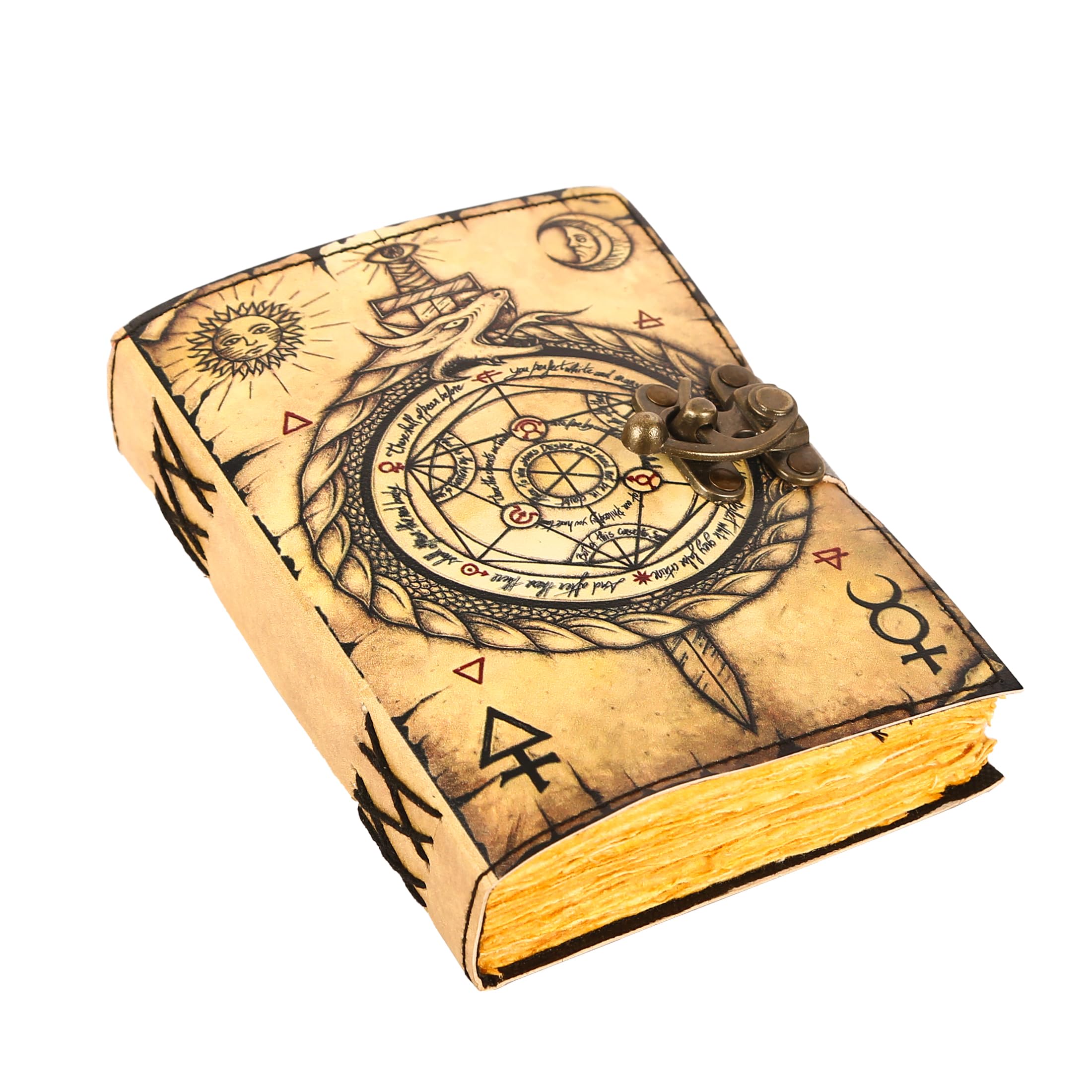 Tuzech Book Of Spells Leather Bound Journal Deckle Edge Paper Grimoire Printed Diary Third Eye Notebook Spiral Gothic Notebook A