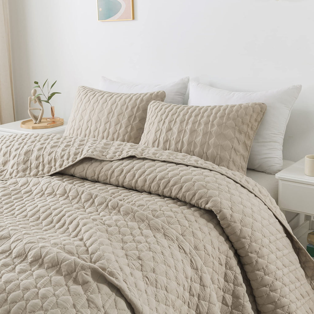 Beige Quilt King Size Bedding Sets With Pillow Shams, Lightweight Soft Bedspread Coverlet, Quilted Blanket Thin Comforter Bed Co