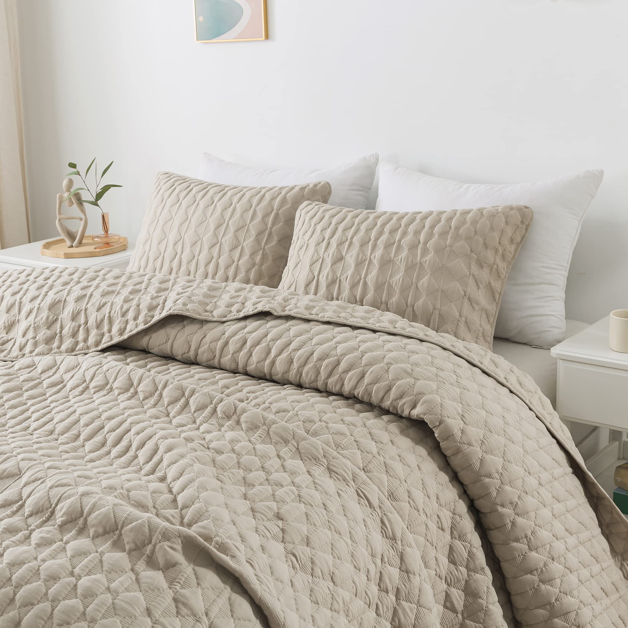 Beige Quilt King Size Bedding Sets With Pillow Shams, Lightweight Soft Bedspread Coverlet, Quilted Blanket Thin Comforter Bed Co