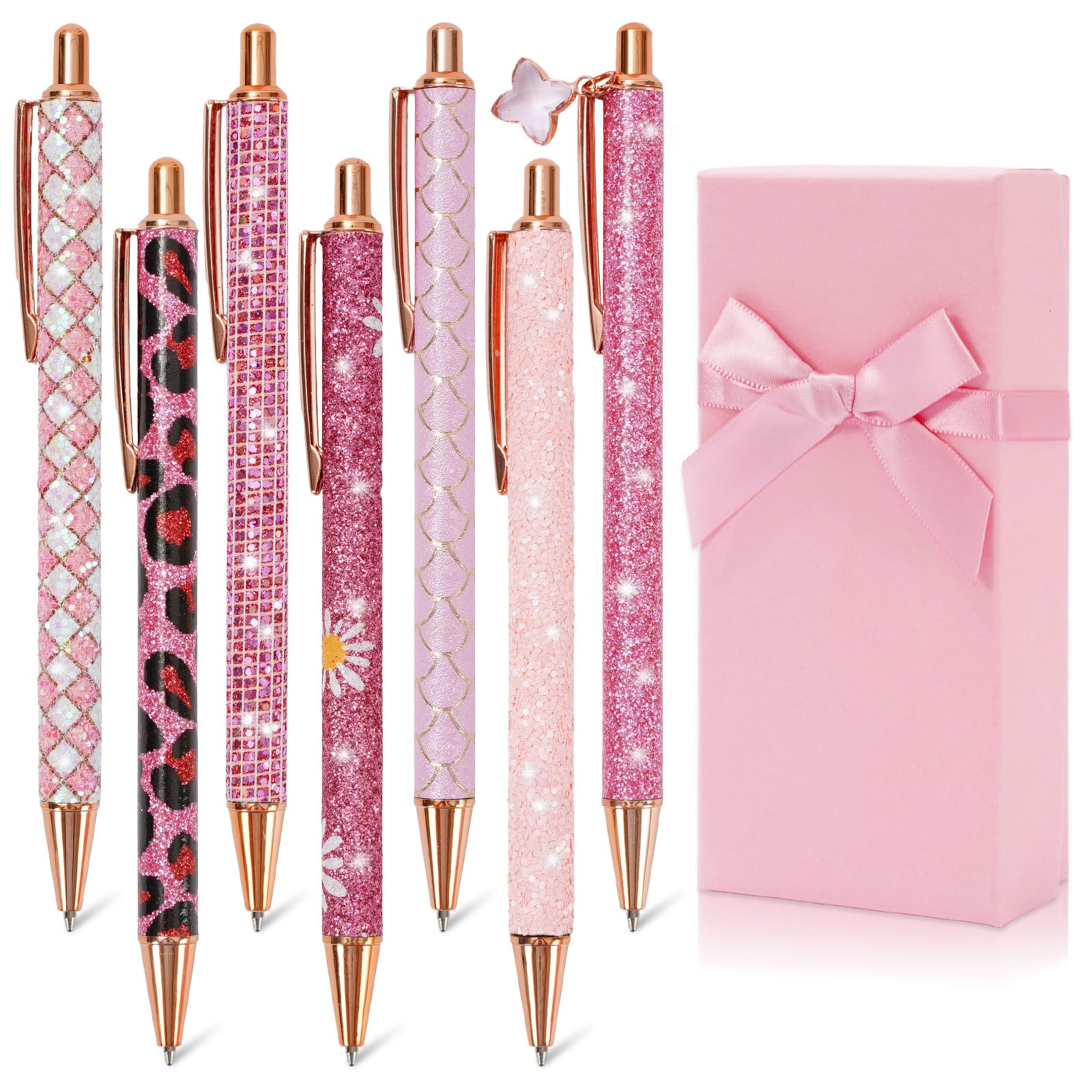Whaline 7 Pcs Sparkly Glitter Ballpoint Pens Pink Metal Retractable Journaling Writing Pens With Gift Box Black Ink Pens For Bac
