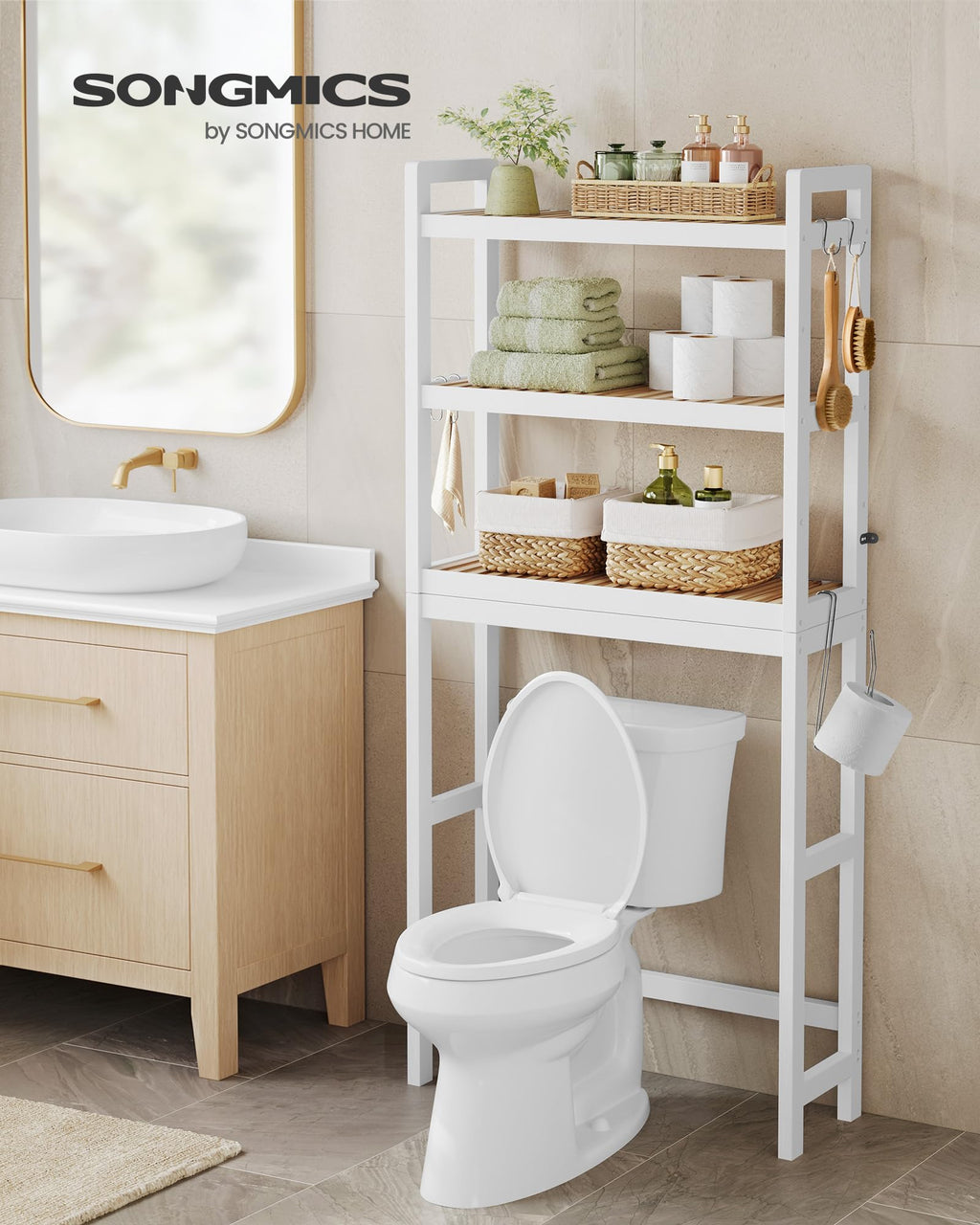 Songmics Over The Toilet Storage, 3-Tier Over Toilet Bathroom Organizer With Adjustable Shelf, Fit Most Toilets, Space-Saving, Cloud White And Natural Beige Ubts001W02