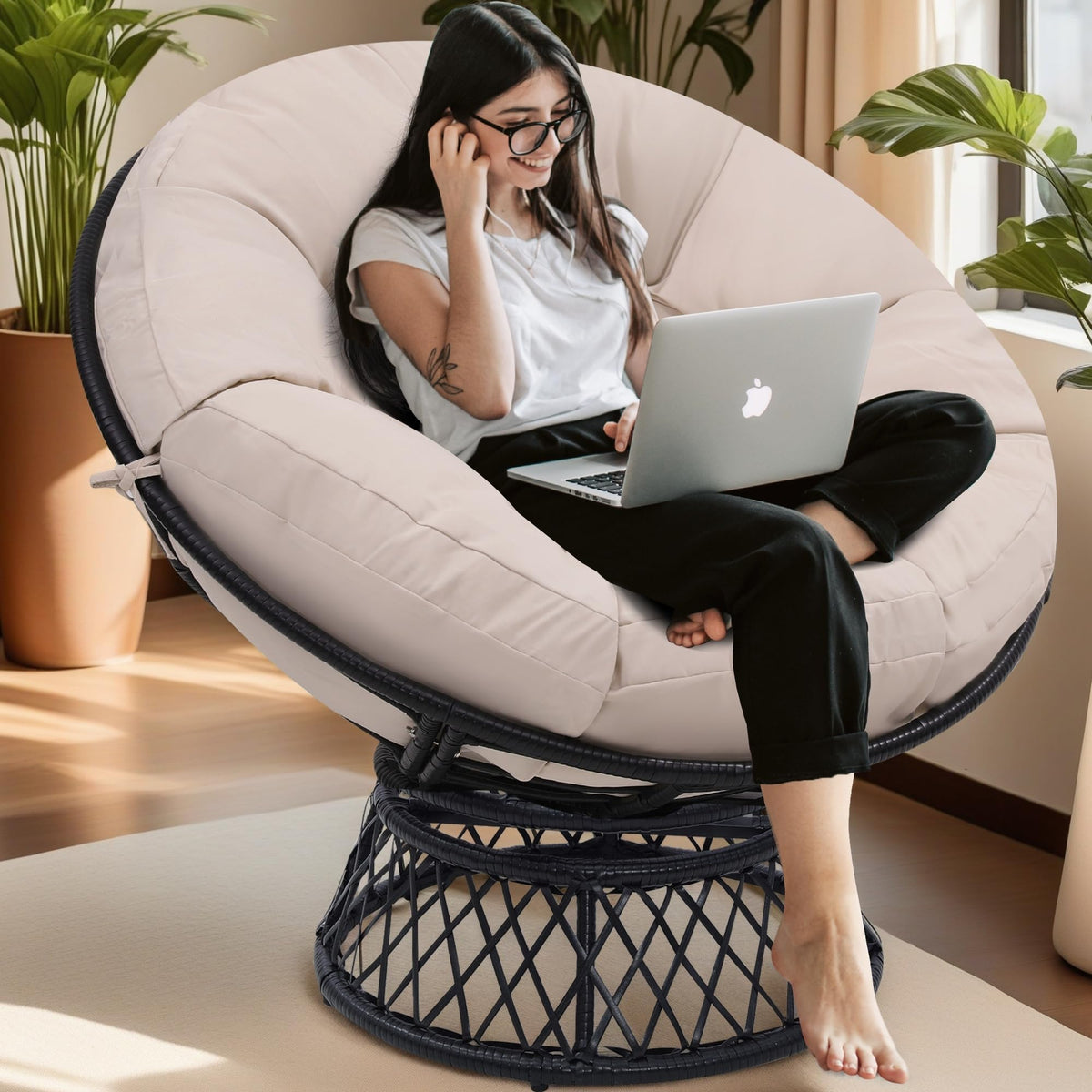 Krofem 46' Giant Oversized Ergonomic Rattan Papasan Chair With Soft Thick Cushion For Adults, Fluid 360 Swivel, Waterproof, Bla