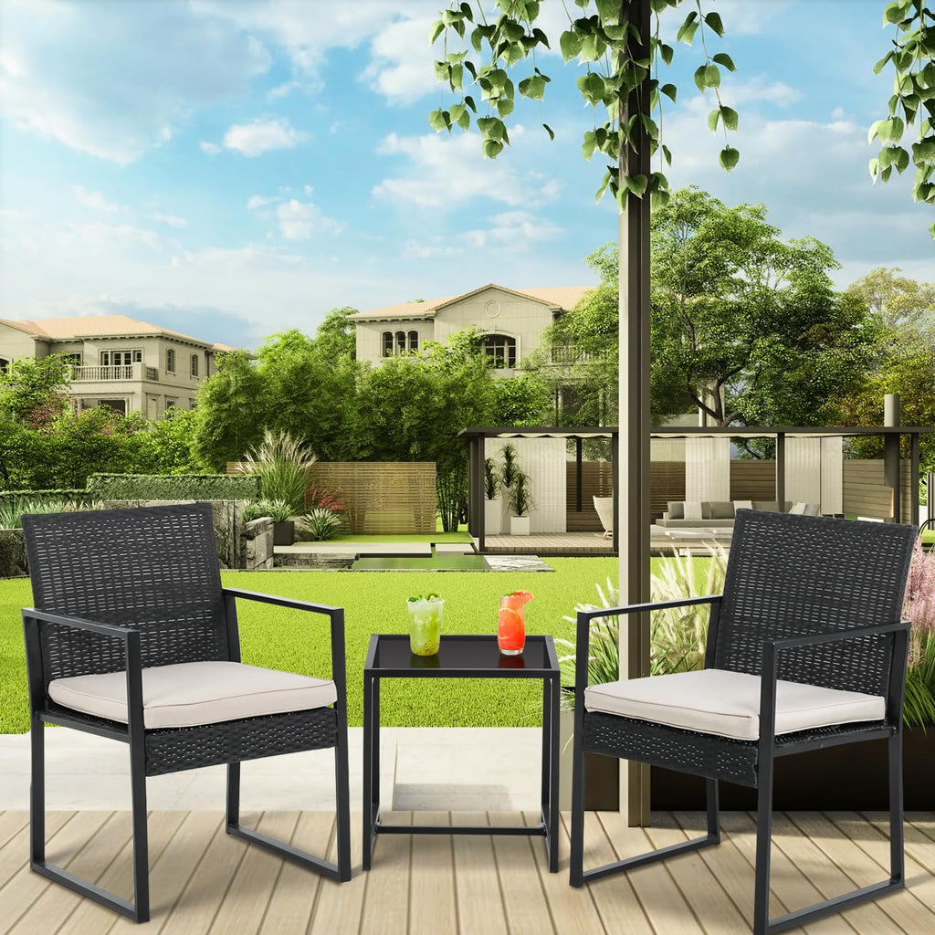 Paylesshere 3-Piece Rattan Wicker Bistro Set Outdoor Conversation Set Sturdy Frame Wicker Furniture With 2 Chairs Cushions Tempered Glass Table For Poolside Balcony Patio Bar Garden (Khaki)