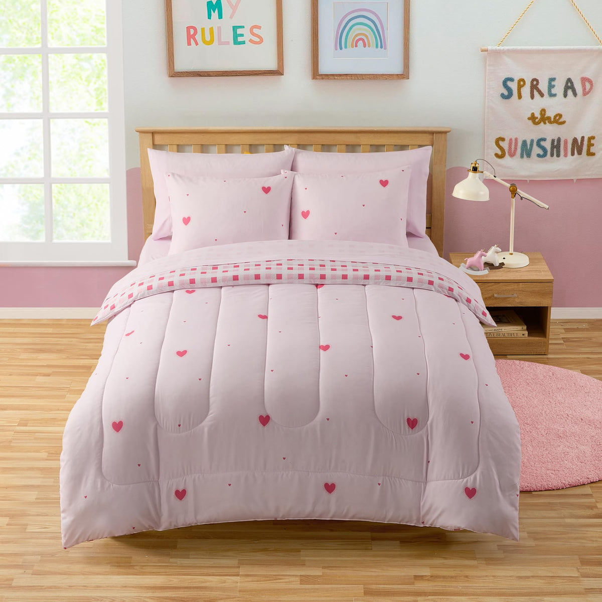 Heart Comforter Set Full Size For Girls  Soft Pink Bed In A Bag With Sheets, Pillowcases & Shams  Cute Kids Bedding With Love