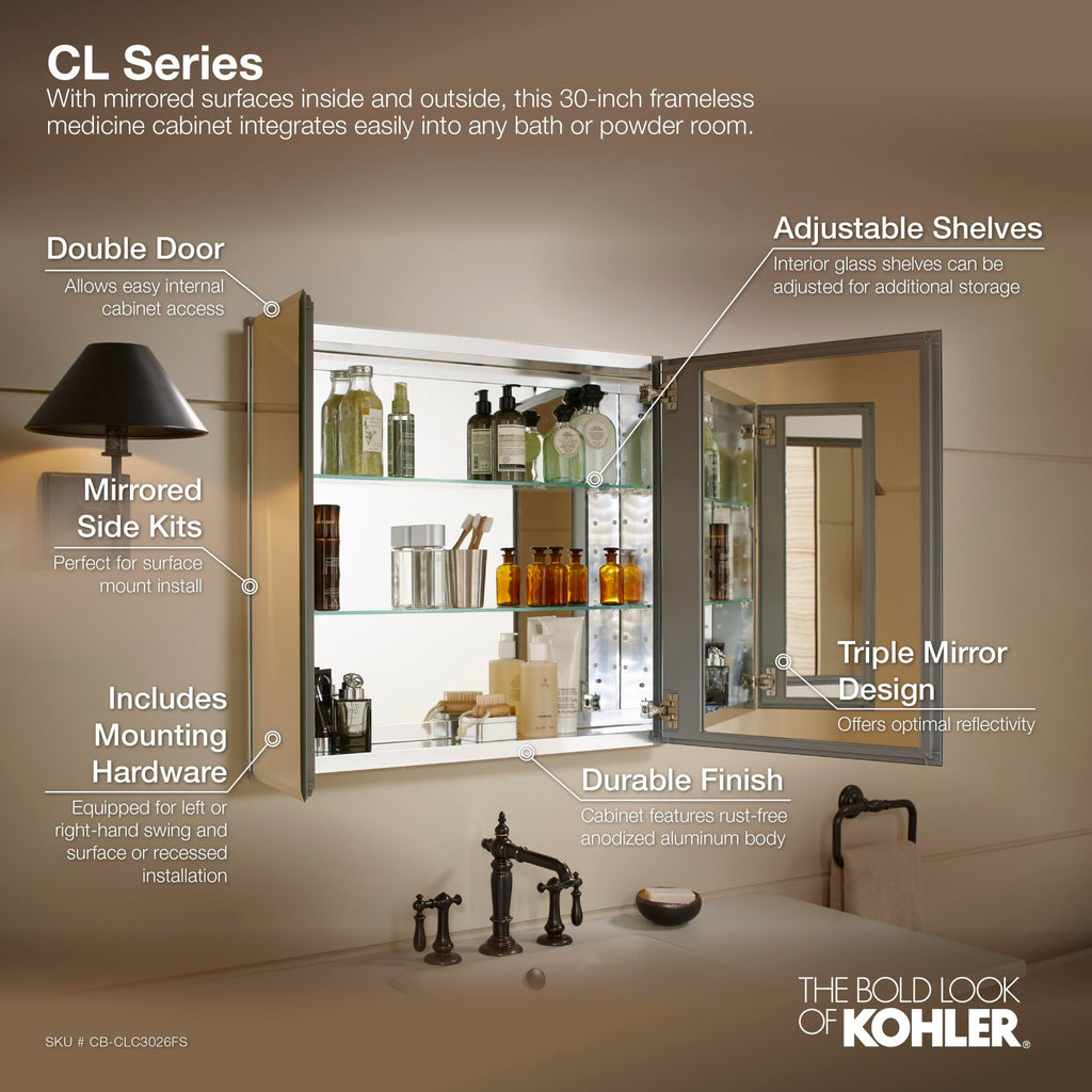 Kohler K-Cb-Clc3026Fs Beveled Medicine Cabinet With Mirror Doors & Adjustable Shelves, Rectangular Beveled Edge Frame, 30' X 26'