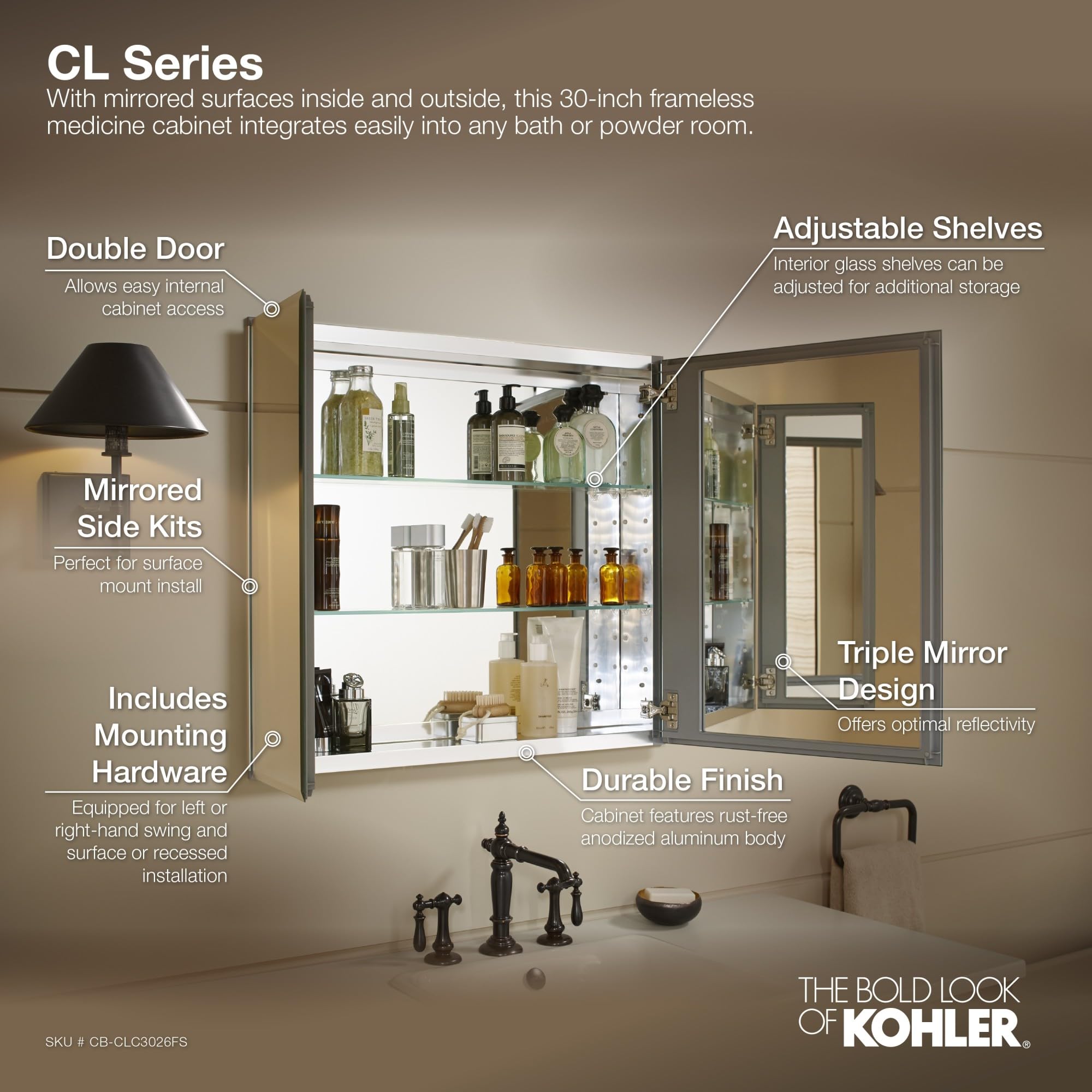 Kohler K-Cb-Clc3026Fs Beveled Medicine Cabinet With Mirror Doors & Adjustable Shelves, Rectangular Beveled Edge Frame, 30' X 26'
