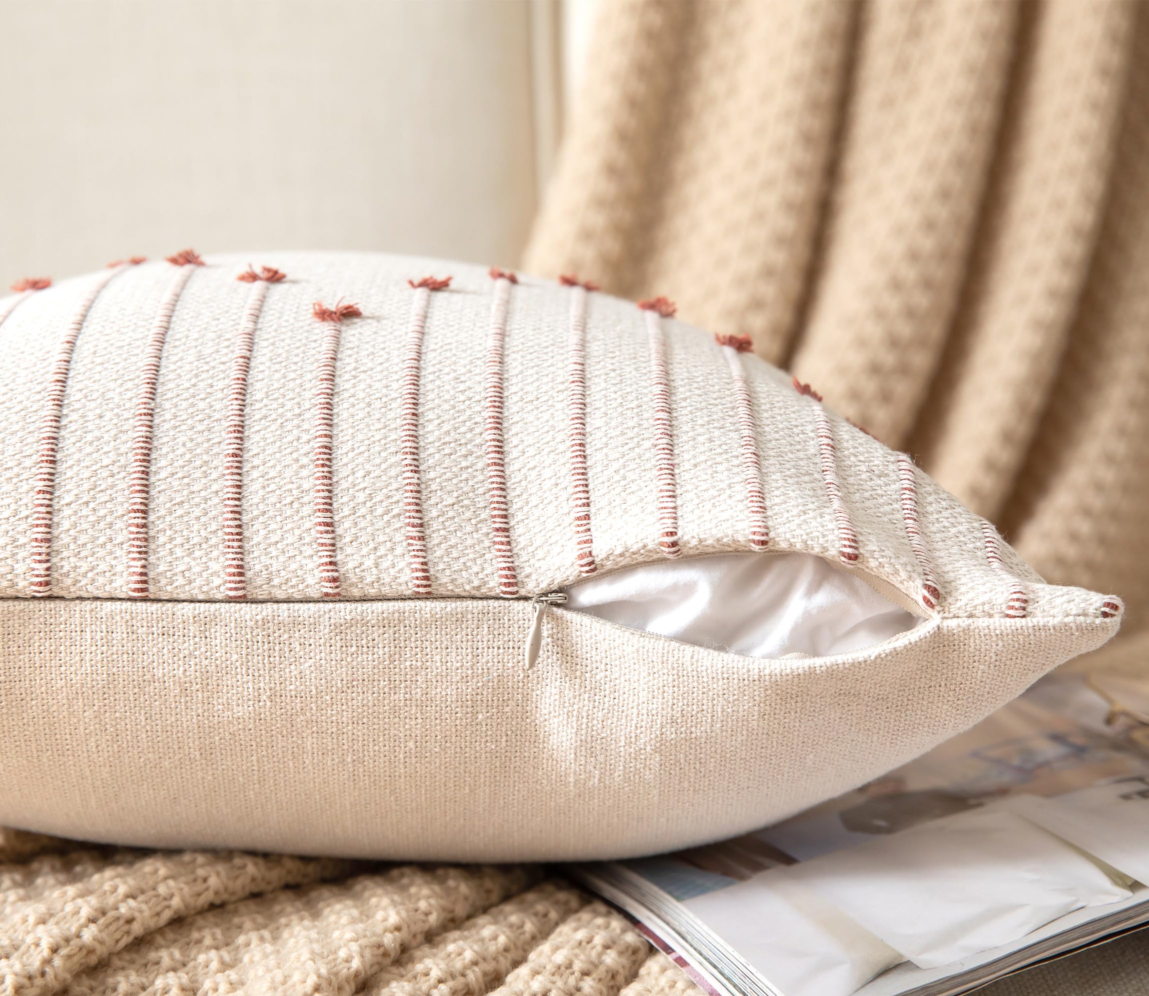 Caflife Boho Throw Pillow Covers 12X20 Set Of 2 Decorative Pillows For Bed, Neutral Pillow Covers Beige With Rust Line Throw Pil