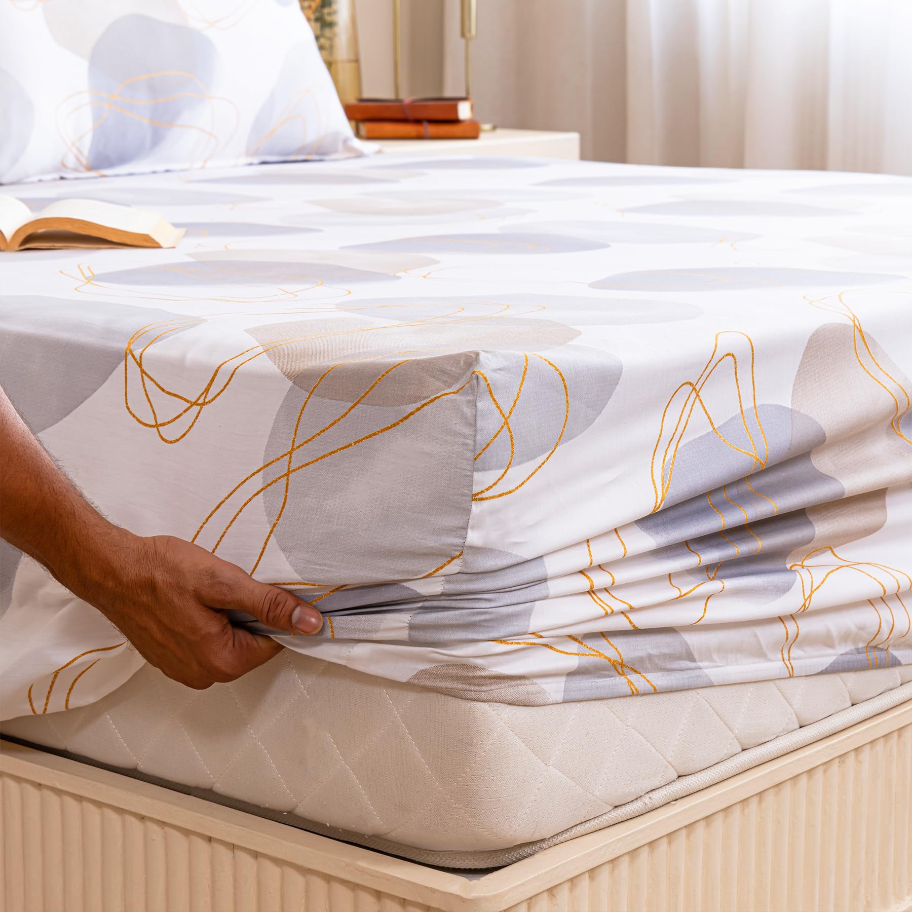 Homemonde Cotton Elastic Bedsheets Printed Noiseless Fitted Bed Sheets King Size 72 X 78 Inches With 2 Pillow Covers, | Perfect 