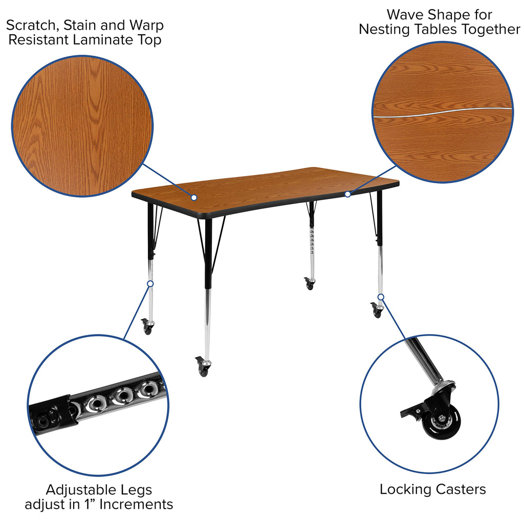 Flash Furniture Mobile 28"W X 47.5"L Rectangular Wave Collaborative Oak Thermal Laminate Activity Table - Standard Height Adjustable Legs