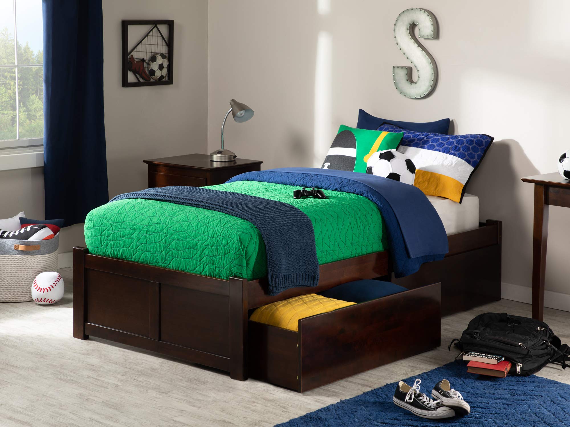 AFI Concord Twin XL Size Platform Bed with Footboard & Storage Drawers in Walnut