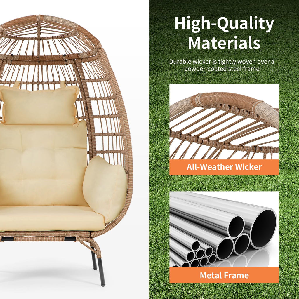 Egg Chair Egg Basket Lounge Chair Rattan Chair Steel Frame Oversized Indoor Outdoor Lounger Simple Installation With 4 Comfort Cushion And Stand,352Lb Capacity For Patio Garden Living Room,White