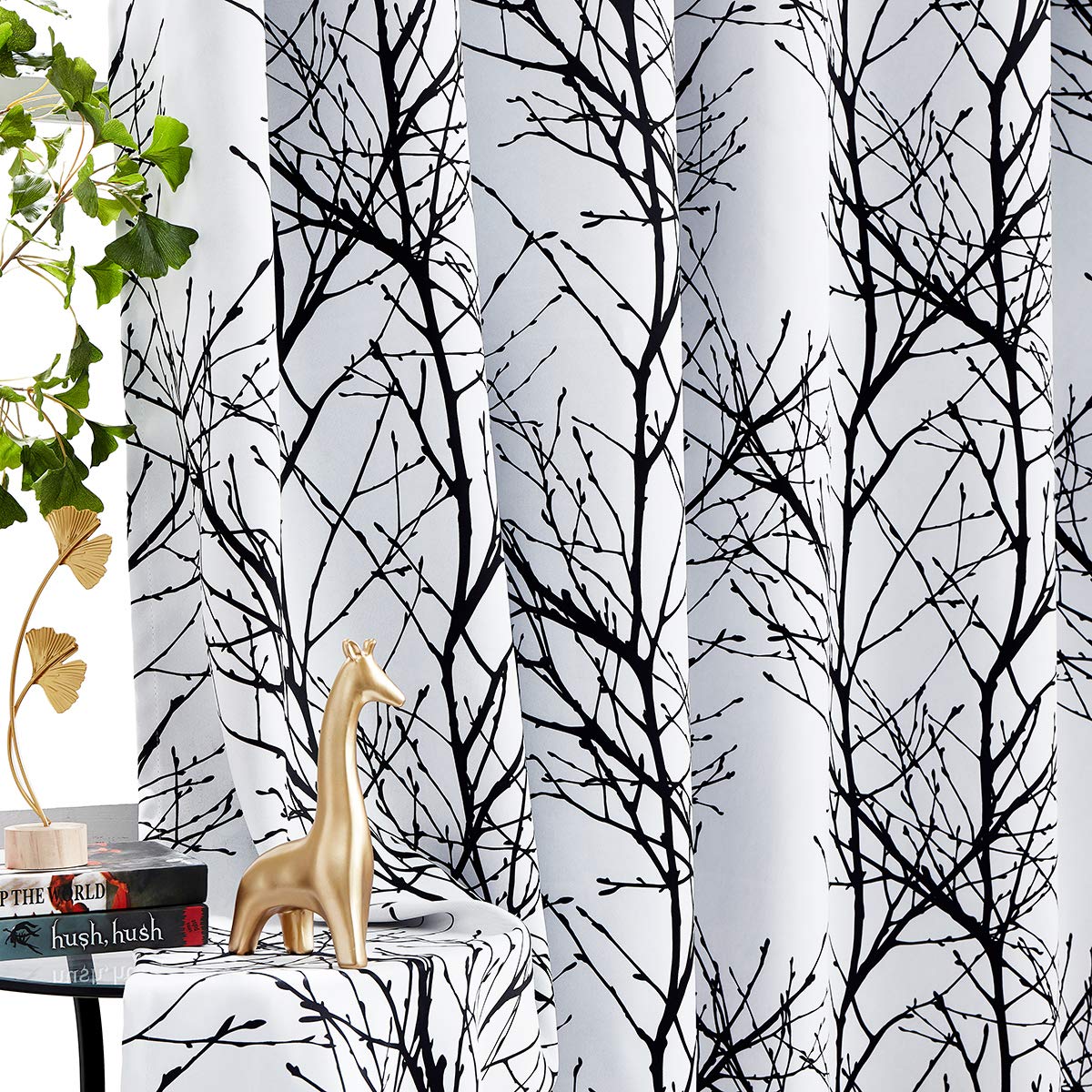 Black White 100% Full Blackout-Curtains 84Inch Long Thermal Insulated Room Darkening Blackout Curtains With Modern Tree Branch P