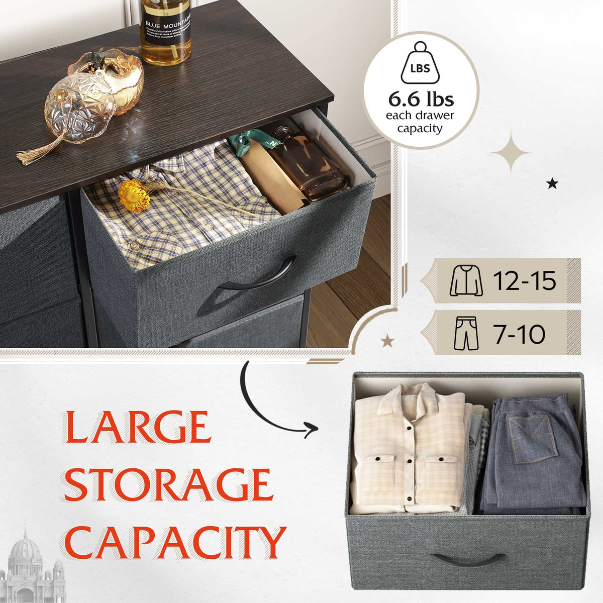 Wlive 10-Drawer Dresser, Fabric Storage Tower For Bedroom, Hallway, Nursery, Closets, Tall Chest Organizer Unit With Textured Print Fabric Bins, Steel Frame, Wood Top, Easy Pull Handle, Dark Grey
