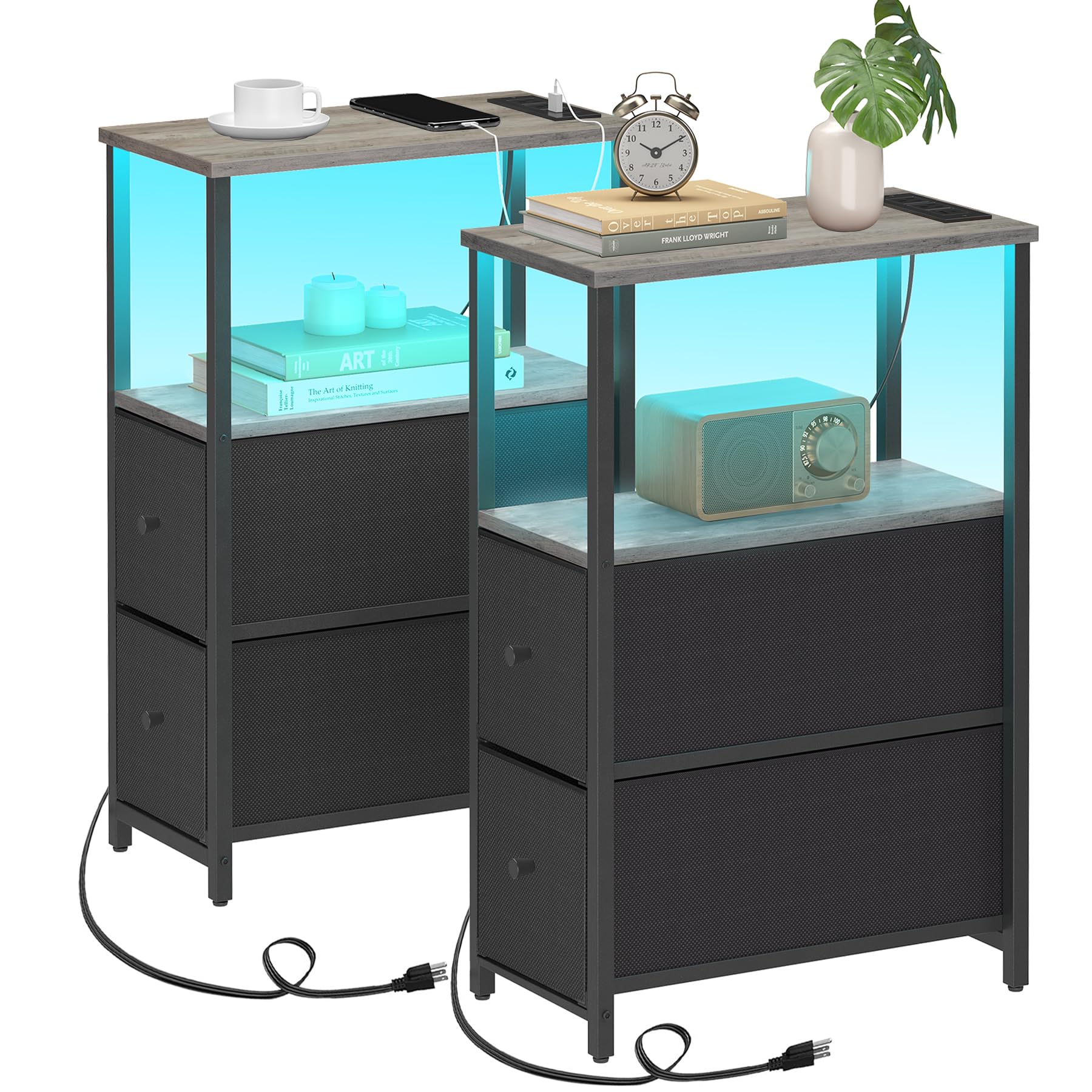 Tutotak Small Narrow Led End Table With Charging Station, Side Table Outlets, Nightstand With 2 Cloth Drawers, Set Of 2, Couch Table, For Living Room, Bedroom, Bedside, Greige Tb01Bg056