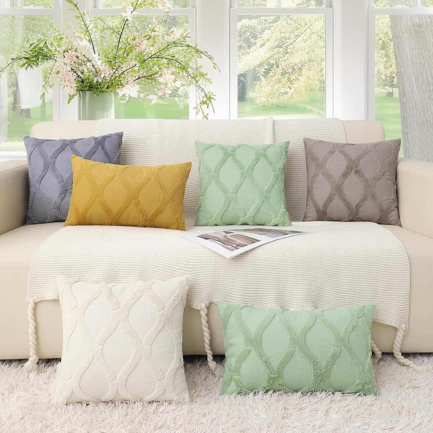 Decoruhome Spring Throw Pillow Covers 12X20 Inch Set Of 2, Soft Plush Faux Fur Wool Lumbar Sage Green Couch Pillow Covers, Decorative Pillow Cases For Bed Sofa Living Room Home Decor