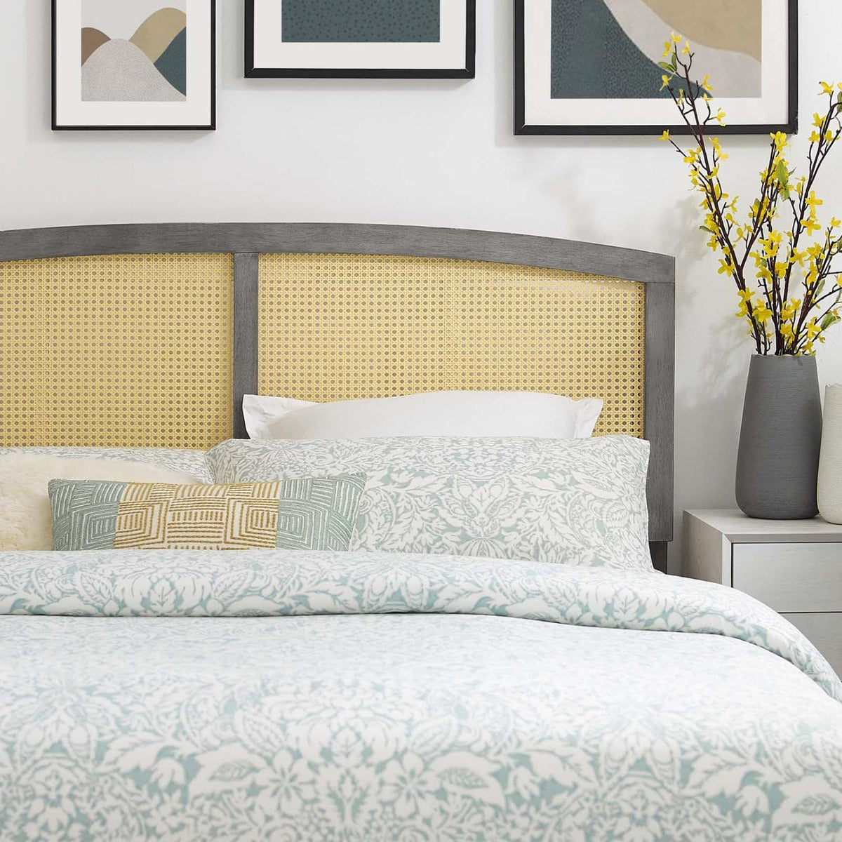 Modway Halcyon Cane Woven Rattan Headboard, Full, Gray