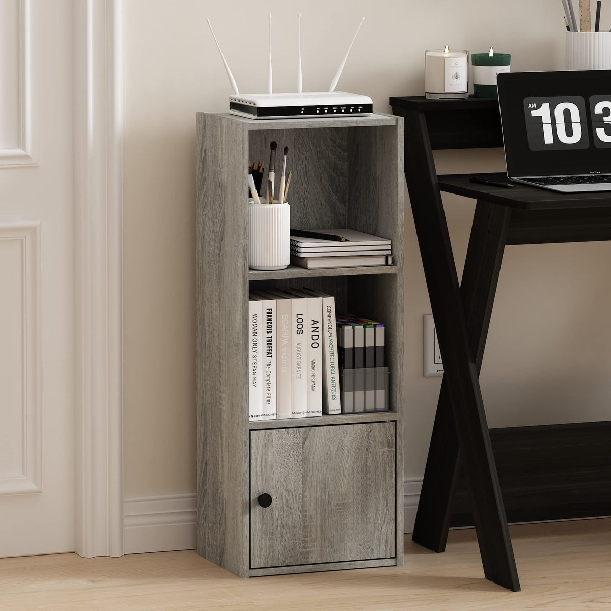 Furinno Luder Shelf Bookcase with 1 Door Storage Cabinet, French Oak