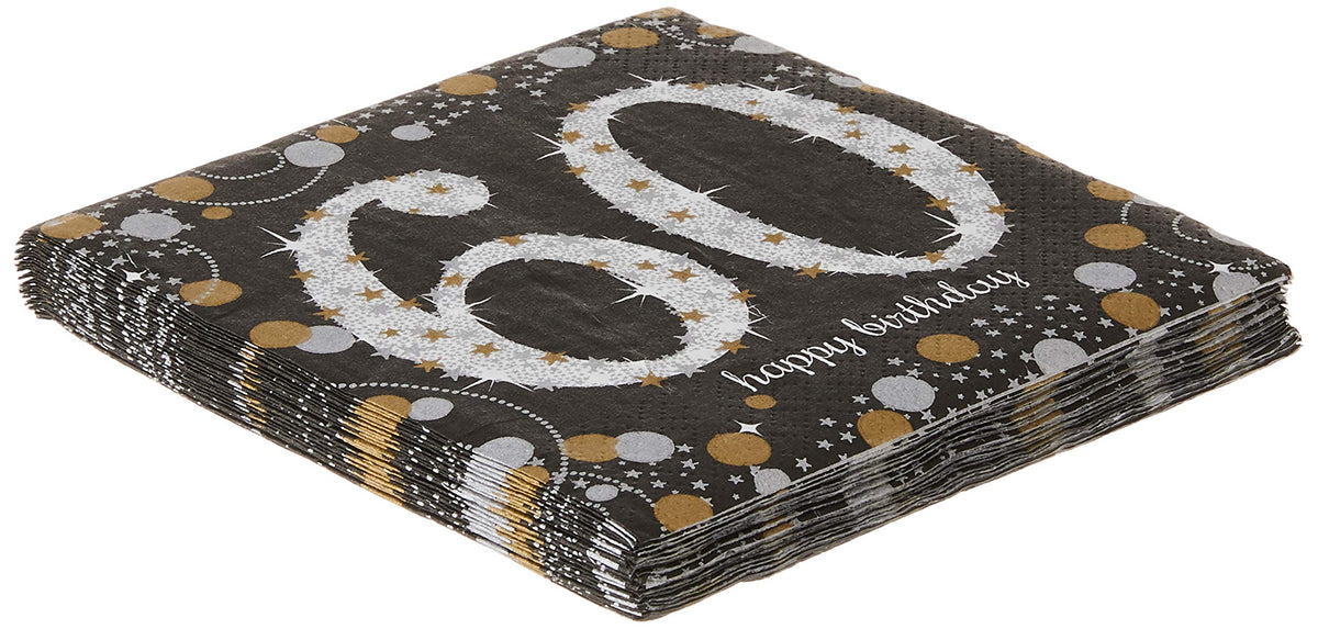 Sparkling Celebration 60th Beverage Napkins (5'' x 5'') Packs Of 16 - Gold, Silver & Black Elegance - Perfect For 60th Birthday 