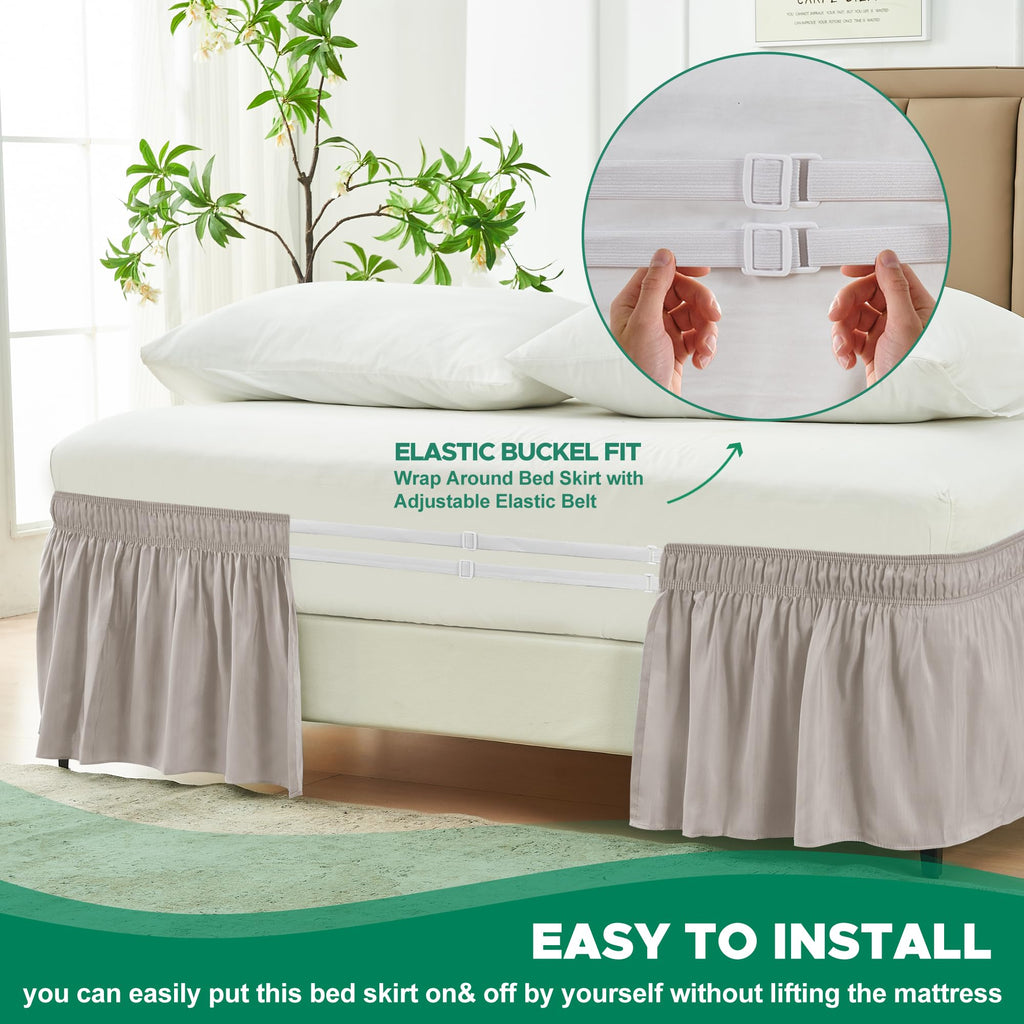Biscaynebay Wrap Around Bed Skirts For King & Cal King Beds 16' Drop, Camel Grey Adjustable Elastic Dust Ruffles Easy Fit Wrinkle Resistant Silky Luxurious Fabric Machine Washable