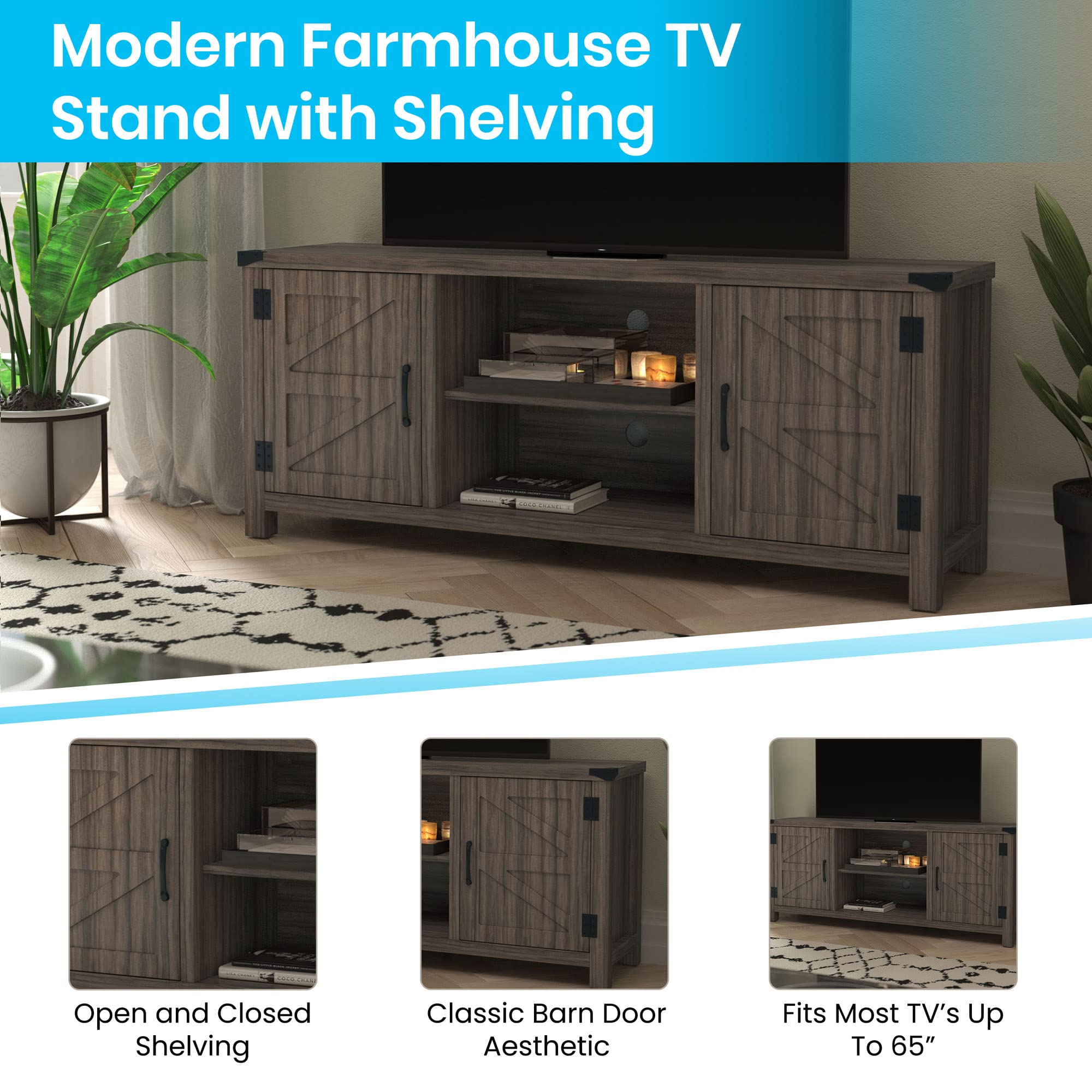 Flash Furniture Modern Farmhouse Barn Door TV Stand - Gray Wash Oak 59 Inch Entertainment Center - For TV's up to 65 Inches - Adjustable Middle Shelf