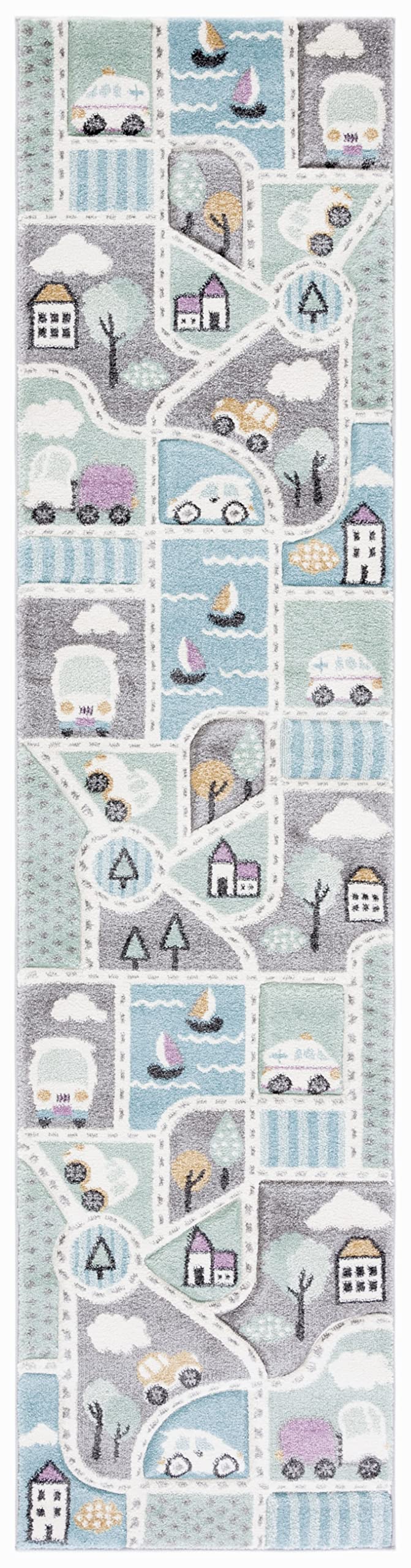 SAFAVIEH Carousel Kids Collection Runner Rug - 23 x 6, Grey & Light Blue, Non-Shedding & Easy Care, Ideal for High Traffic Are