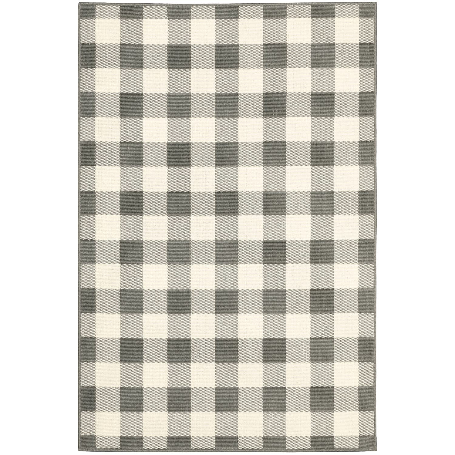 HomeRoots Grey Polypropylene 2’x4’ Gray and Ivory Gingham Indoor Outdoor Area Rug