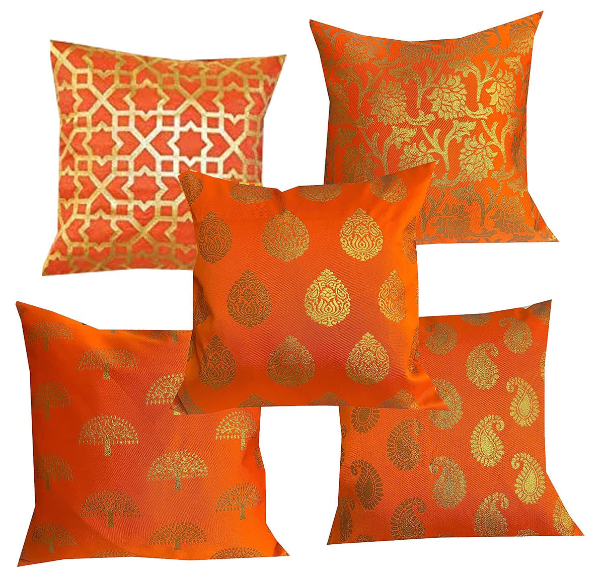 Pink Parrot Dopian Silk Multicolour Throw Pillow Covers/Cushion Covers (16X16 Inches)  Set Of 5Orange 1