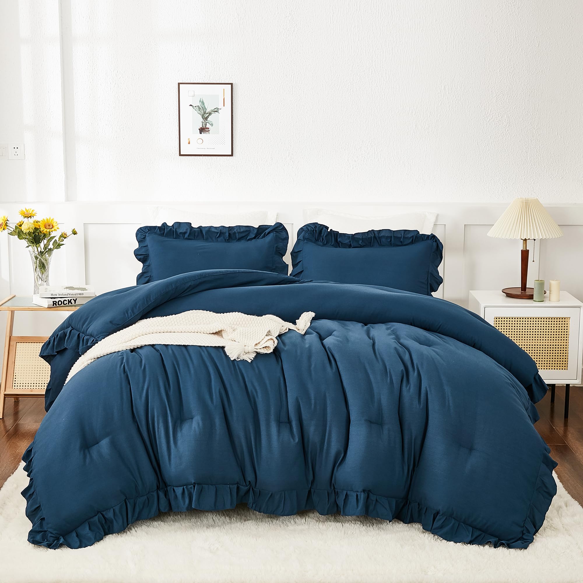 Andency Navy Blue Comforter Set King Size, 3 Pieces Boho Lightweight All Season Solid Bedding Comforters & Sets, Double Women Me