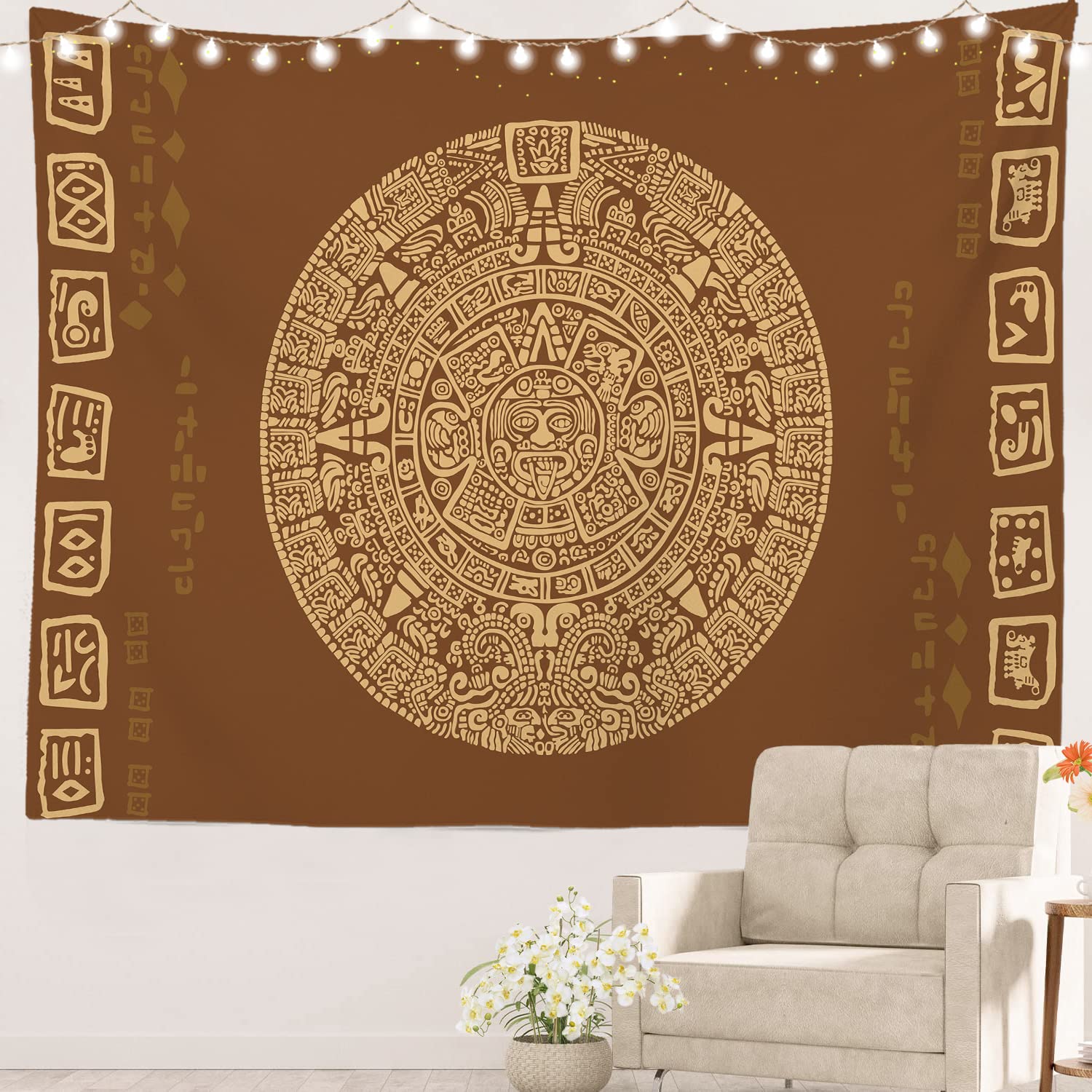 Batmerry Mayan American Aztec Tapestry, Ancient Aztec Calendar Picnic Mat Hippie Trippy Tapestry Wall Art Meditation Decor For B