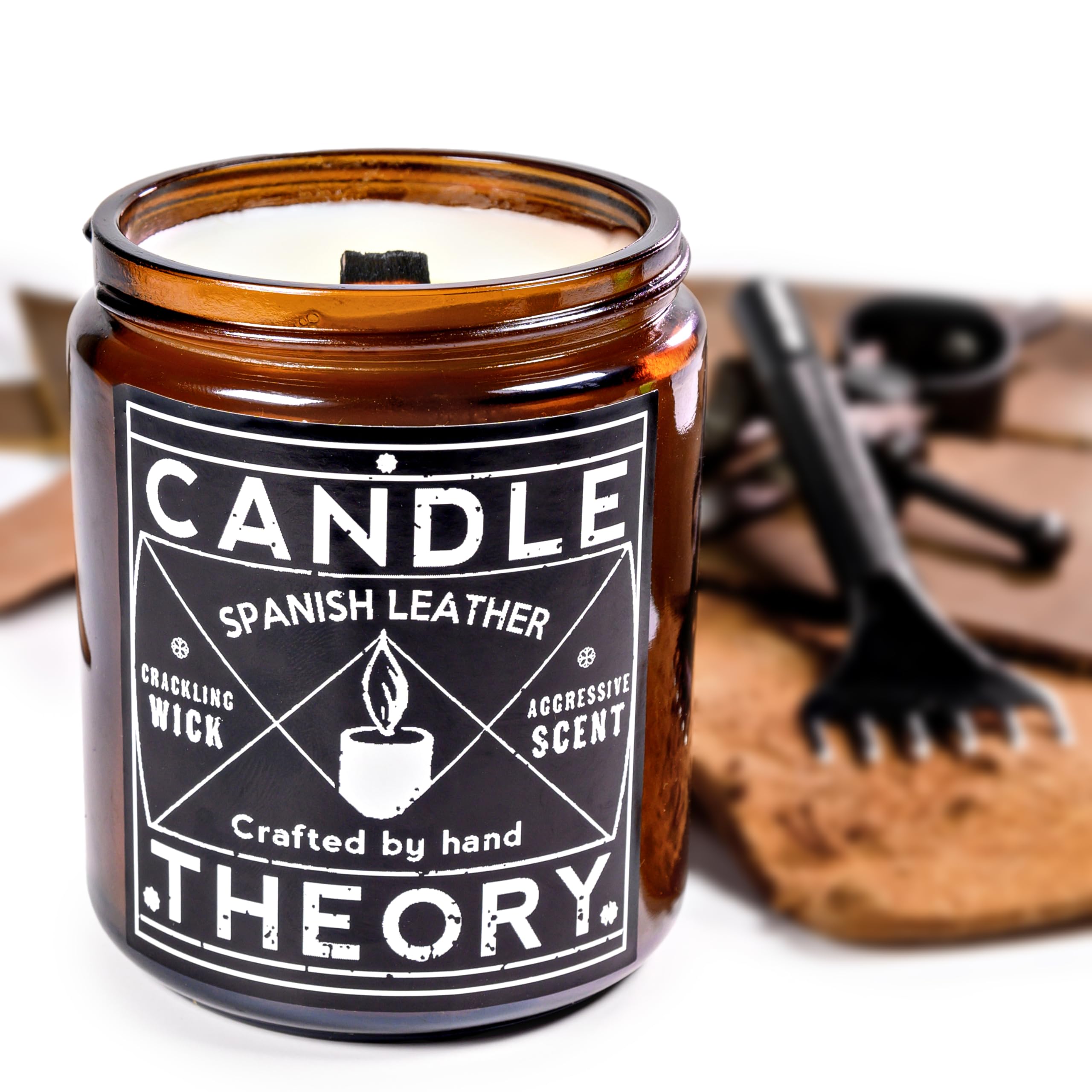 Candle Theory Spanish Leather Scented Candle for Men 7.6 oz, Crackling Leather Candle Men, Men Candle for Bedroom, Scented Man C