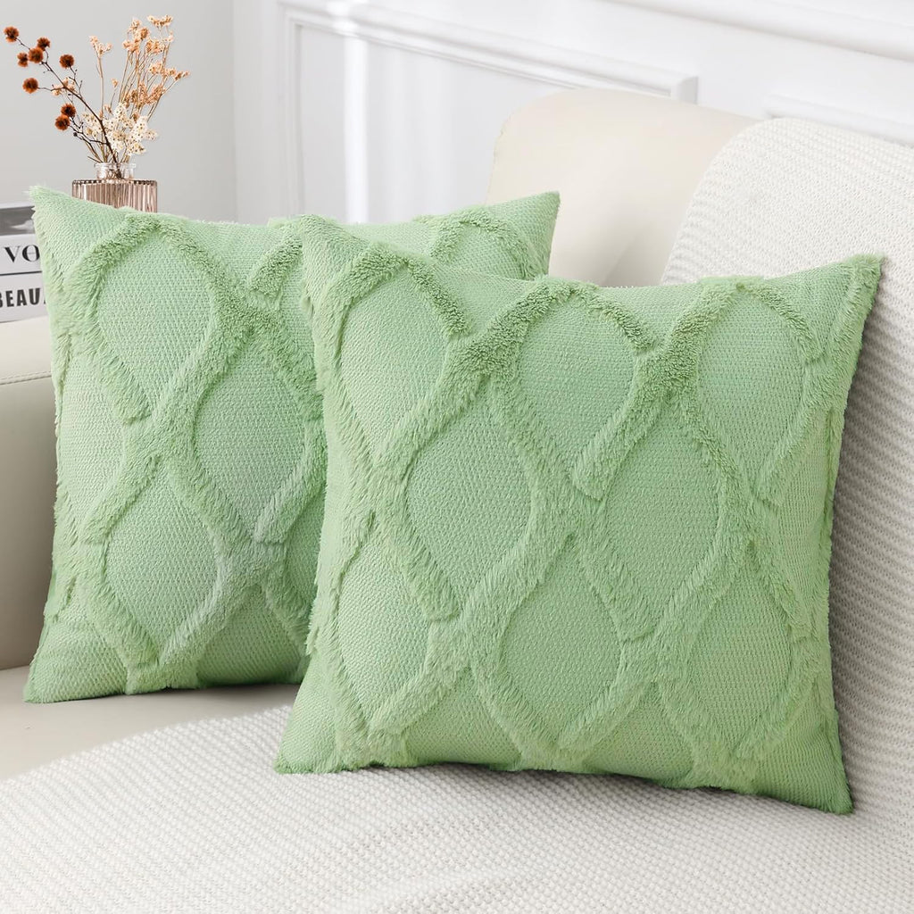 Decoruhome Spring Throw Pillow Covers 22X22 Inch Set Of 2, Soft Plush Faux Fur Wool Sage Green Couch Pillow Covers, Decorative Pillow Cases For Bed Sofa Living Room Home Decor