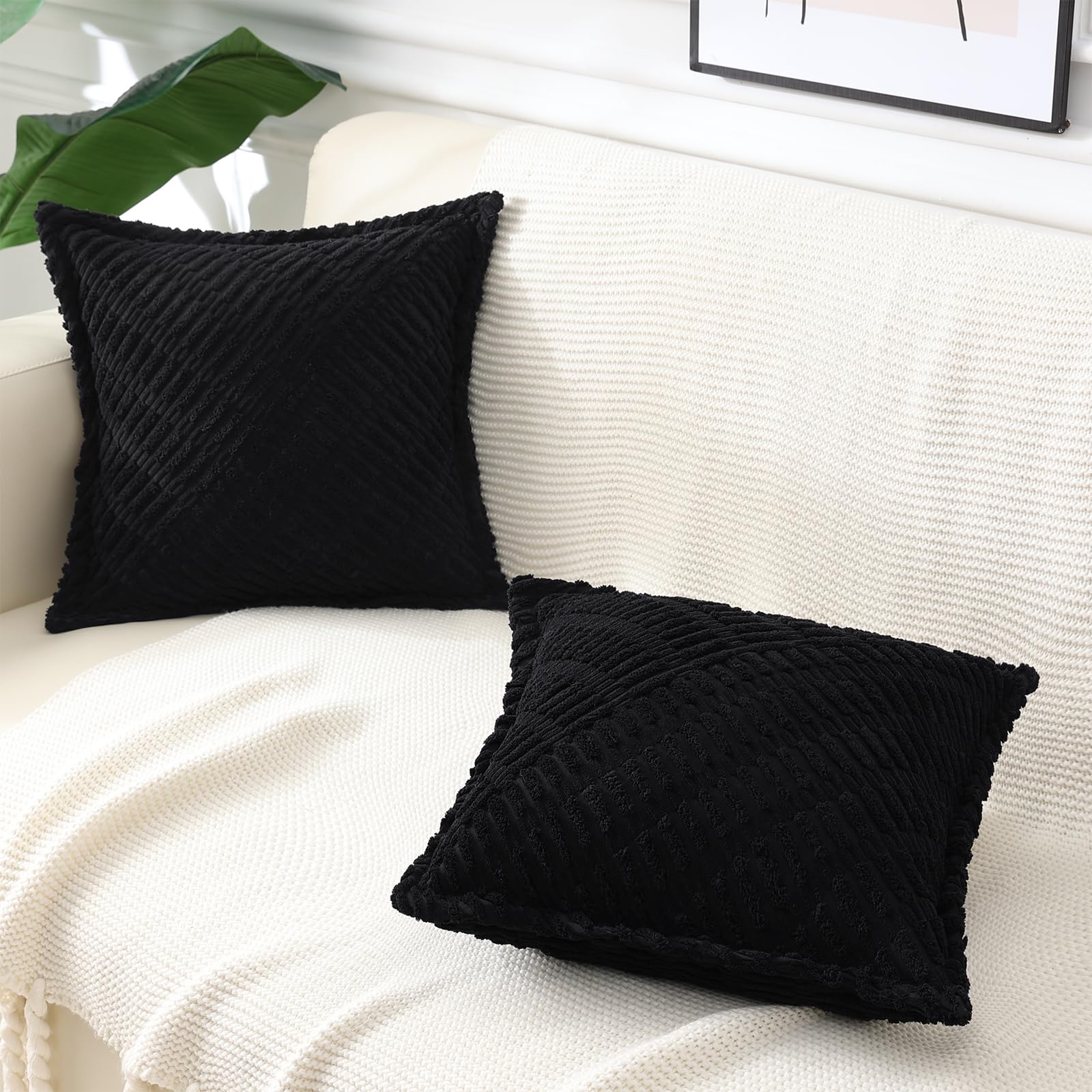 Decoruhome Decorative Black Throw Pillow Covers 26X26 Set Of 2 With Splicing, Boho Soft Corduroy Broadside Twill Pillow Covers F