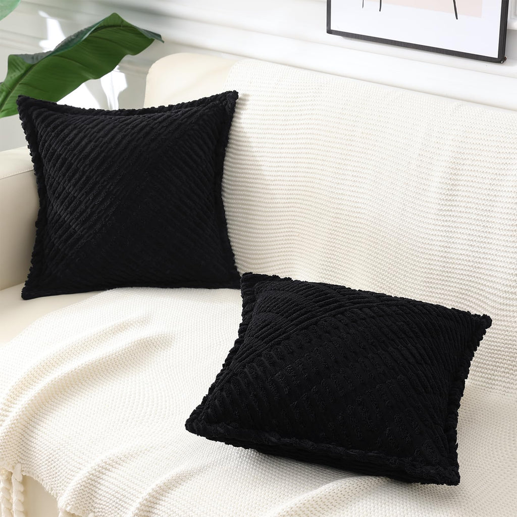 Decoruhome Decorative Black Throw Pillow Covers 24X24 Set Of 2 With Splicing, Boho Soft Corduroy Broadside Twill Pillow Covers F
