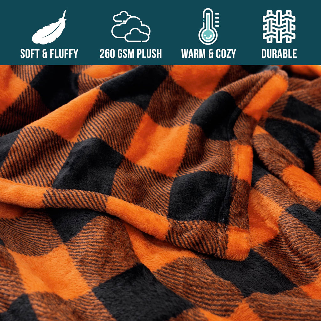 Pavilia Black And Orange Buffalo Plaid Fleece Throw Blanket For Couch, Soft Halloween Flannel Blanket For Sofa, Orange Checkered