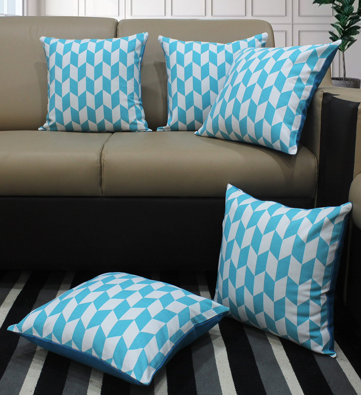Airwill Cotton Classic Diamond Sea Blue Themed Cushion Covers For Cushions & Pillows (Sky Blue & White, Pack Of 5)
