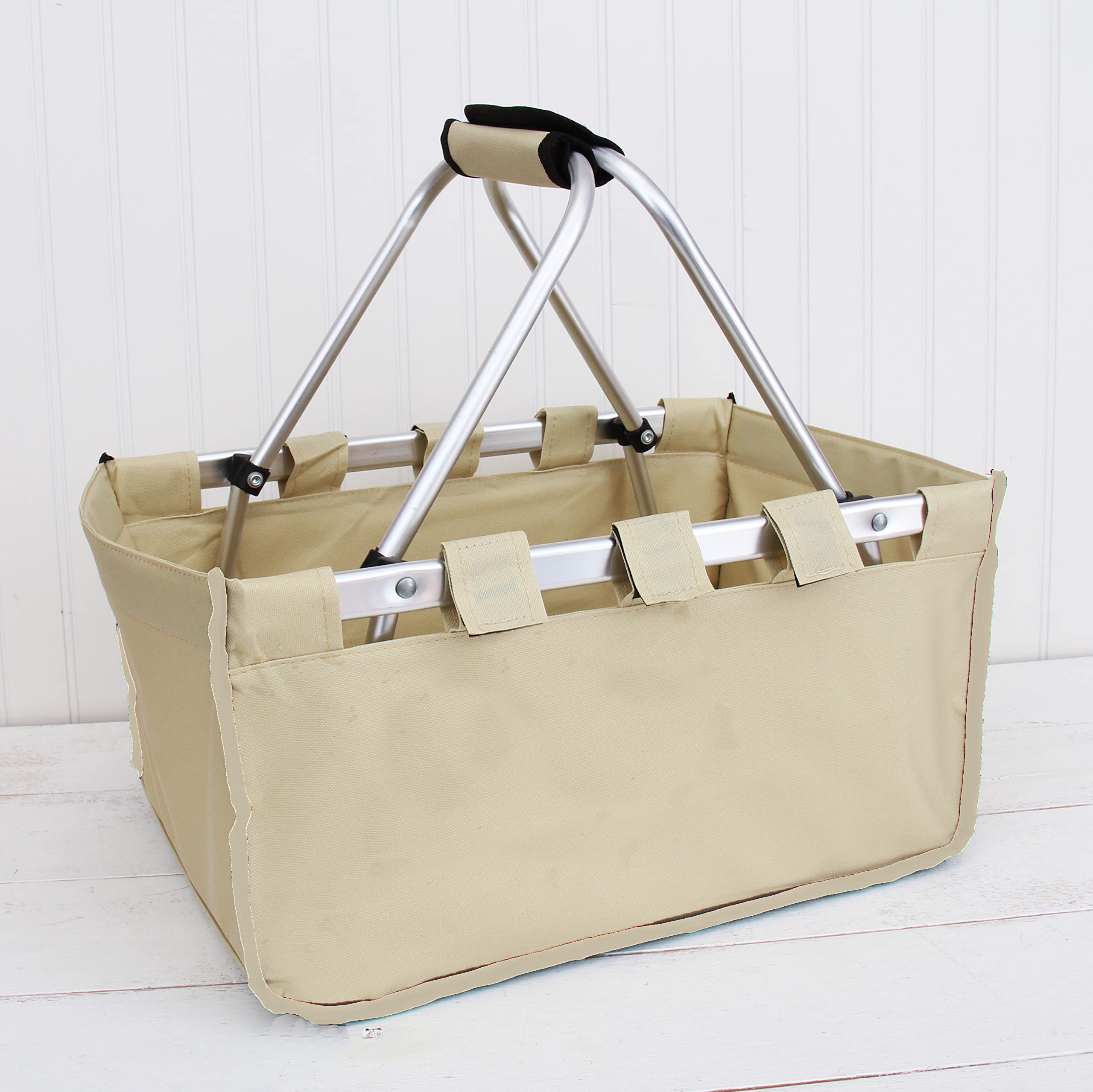 Threadart Large Collapsible Market Basket - Natural | Aluminum Frame | Polyester Fabric | Convenient Fold Flat Design |Reusable 