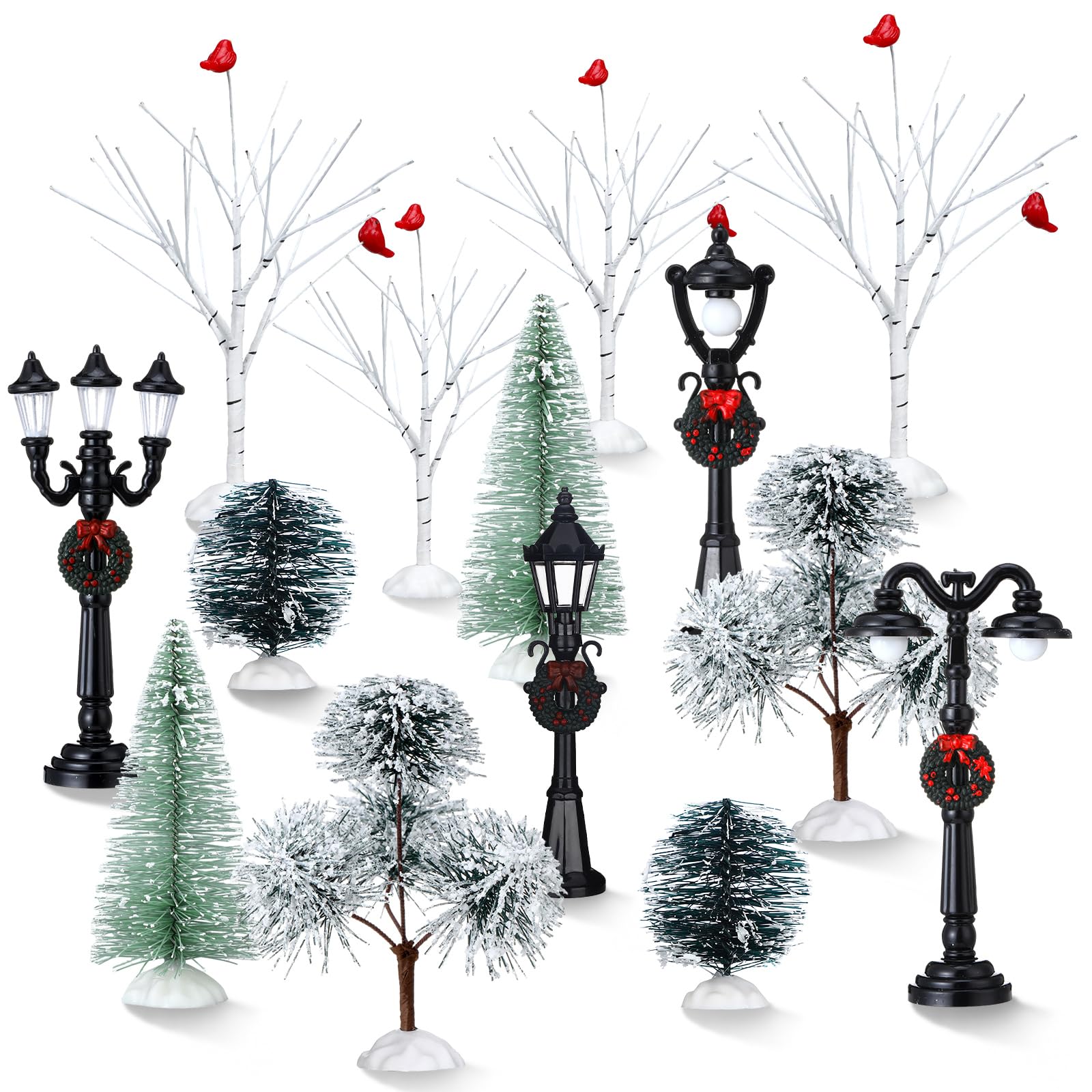 14 Pcs Christmas Accessories Village Figurine Miniature Pine Trees Snow Artificial Christmas Trees Bare Branch Trees Street Ligh