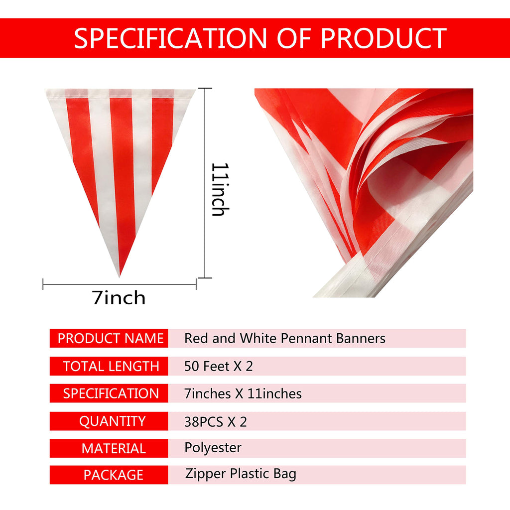 100 Feet Red & White Striped Pennant Banner Flags String 60 Pcs Indoor/Outdoor Triangle Bunting Flags,Party Decorations Supplies