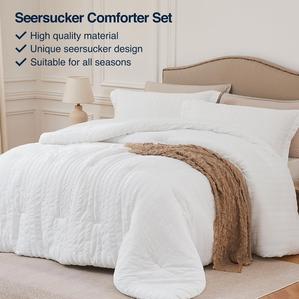 Quataly White Full Comforter Set - 3 Pieces Seersucker Lightweight Bedding Comforter Sets (1 Soft Fluffy Comforter & 2 Pillowcas