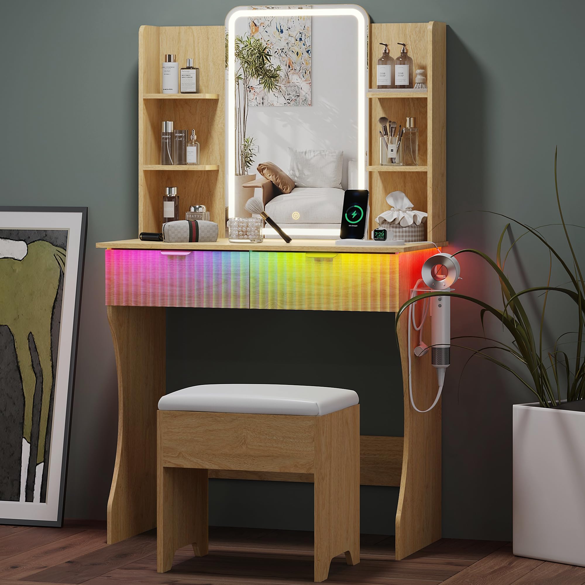 Small Vanity Desk with Mirror and Lights, Makeup Vanity with LED Lighted Mirror, Fluted Vanity with Lights Desk and Chair, 3 Lig