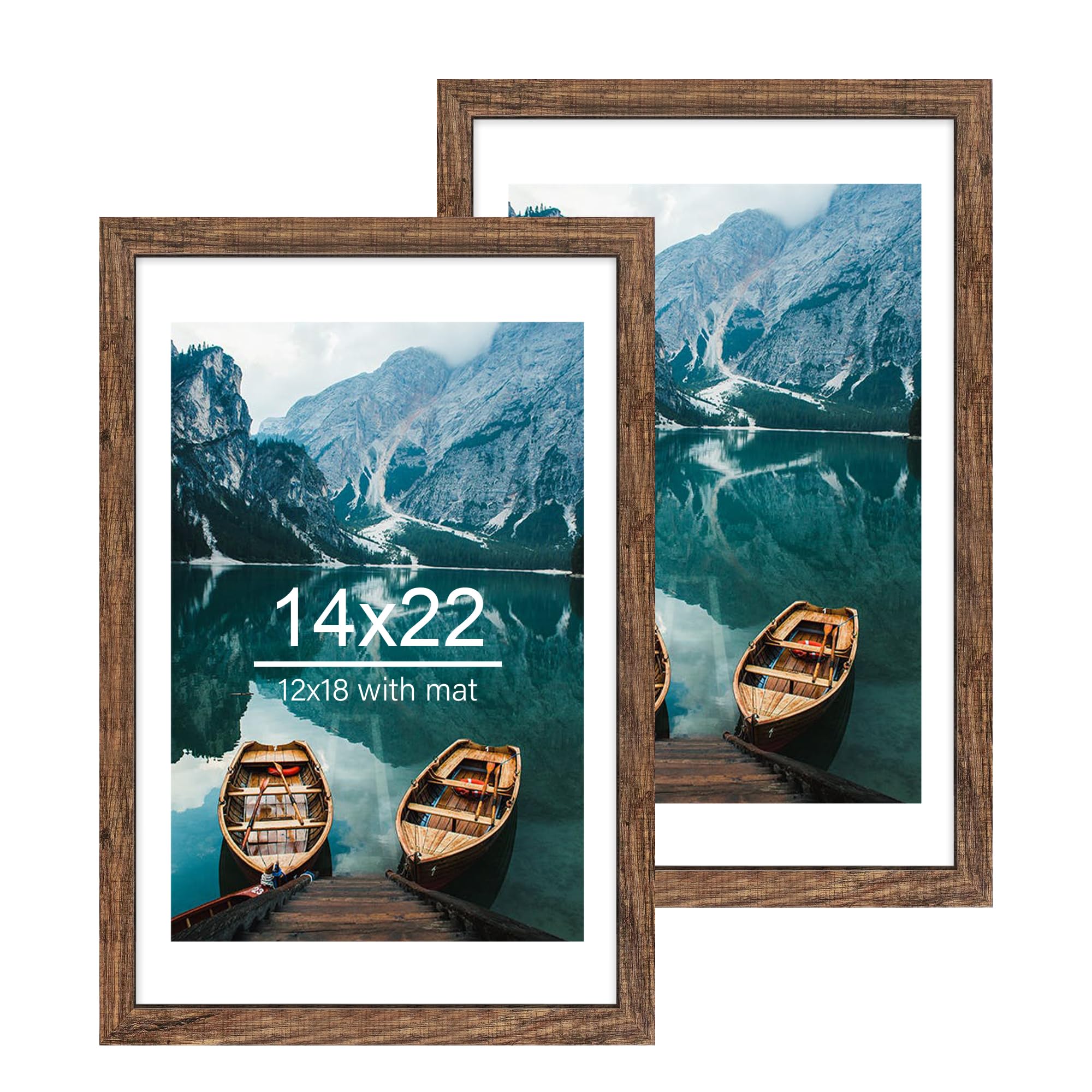 Hongkee 14x22 Picture Frame Set of 2, Rustic Brown Wood Style - Display 14 x 22 Picture without Mat or 12x18 Picture with Mat, W