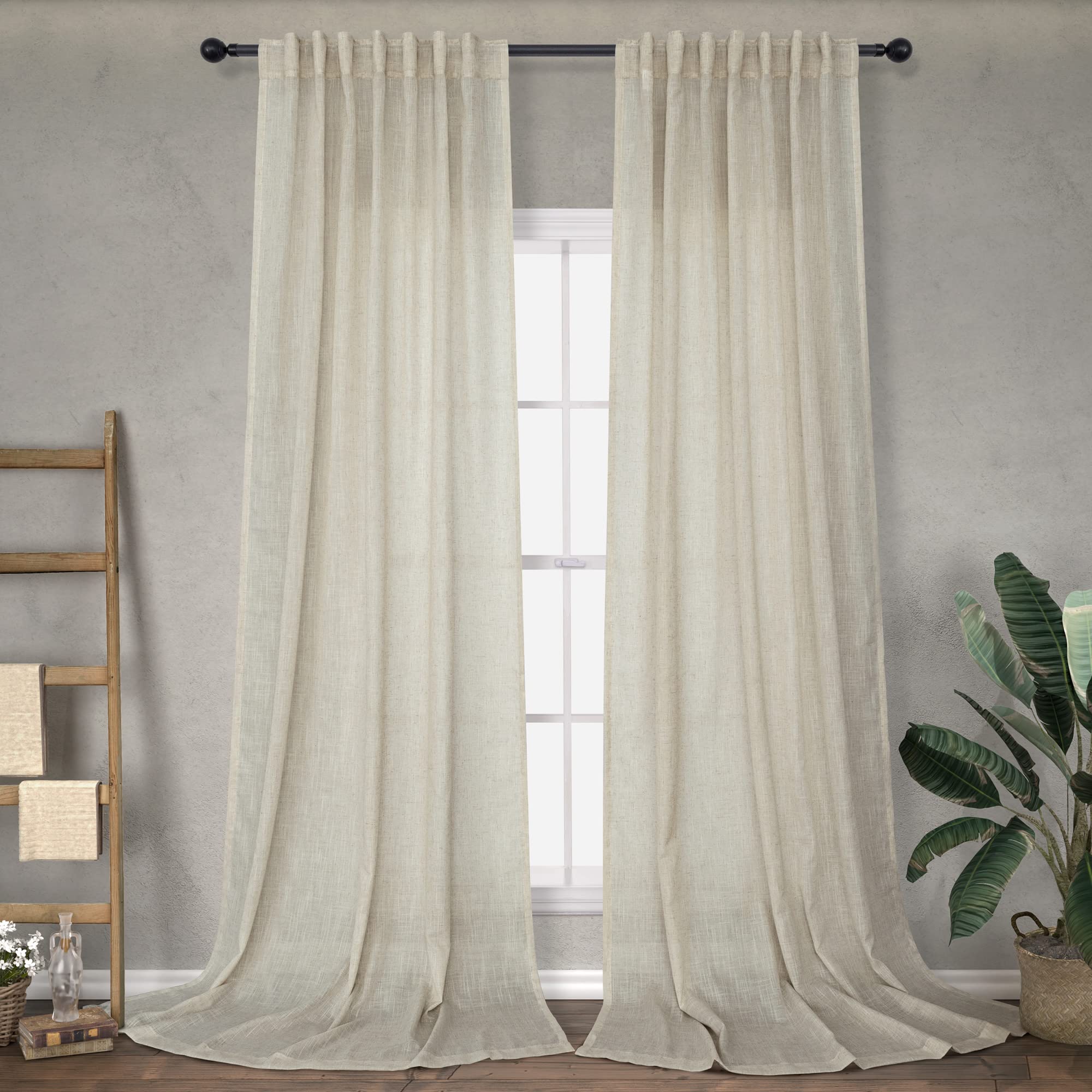 Flax Linen Curtains 84 Inch Length For Living Room 2 Panel Back Tab Rod Pocket Light Filtering Canvas Cotton Cloth Semi Sheer Ta